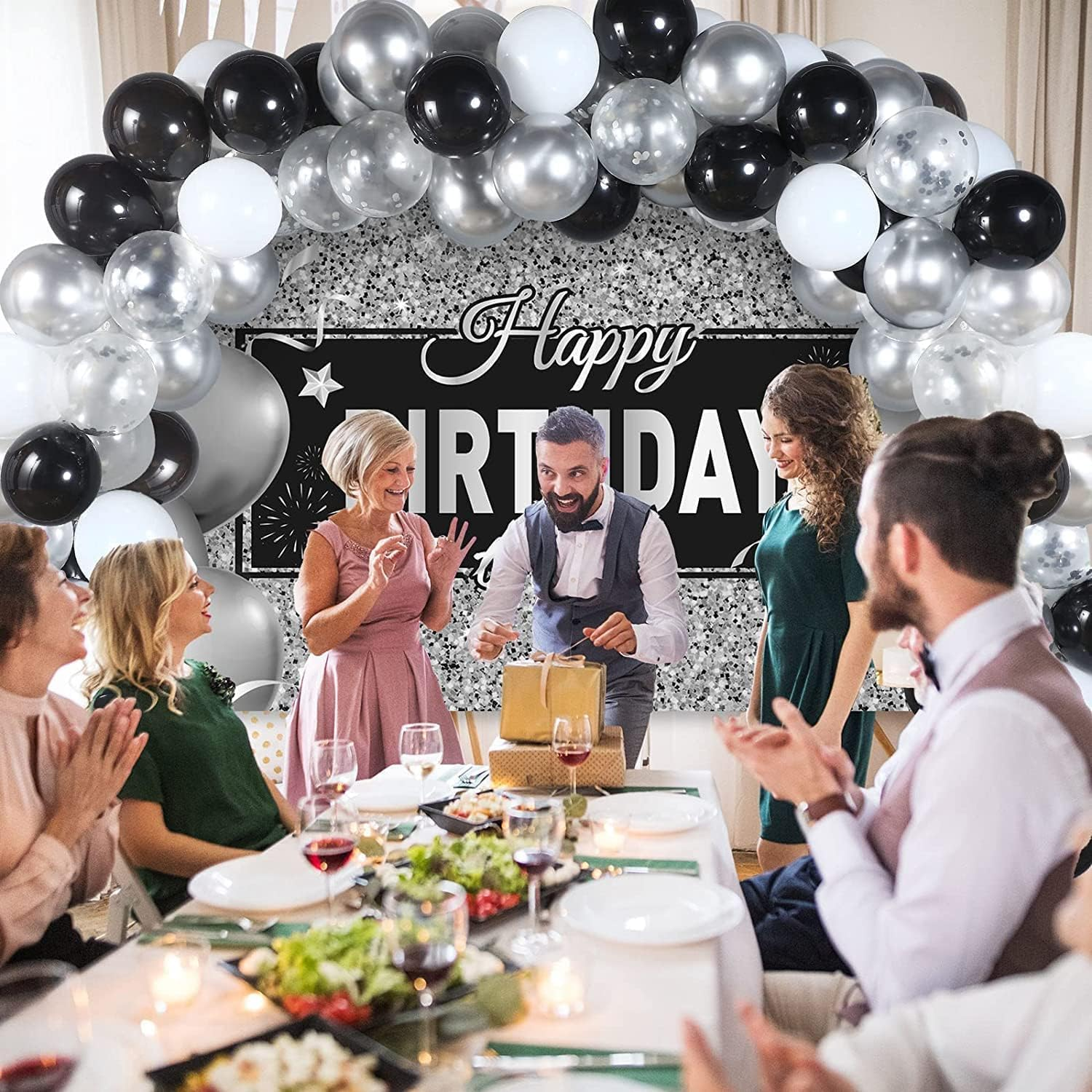 Silver Happy Birthday Banner Backdrop Silver Birthday Party Decorations Black White Balloons Happy Birthday Background Photo Photography Banner for Men Women Birthday Supplies, 72.8 X 43.3 Inch image number 1