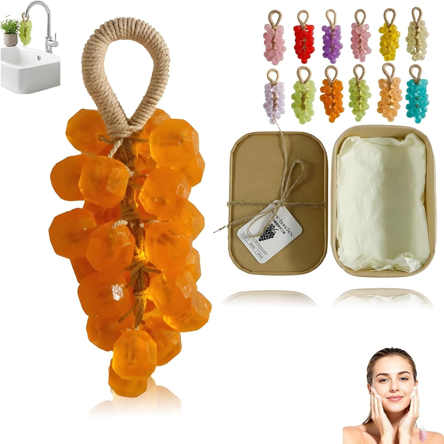 Handmade Crystal Grape Soap on a Rope, Grape Shaped Soap, Facial Cleansing Bathing Hand Washing Indoor Decorations Indoor Decorations(Peach)