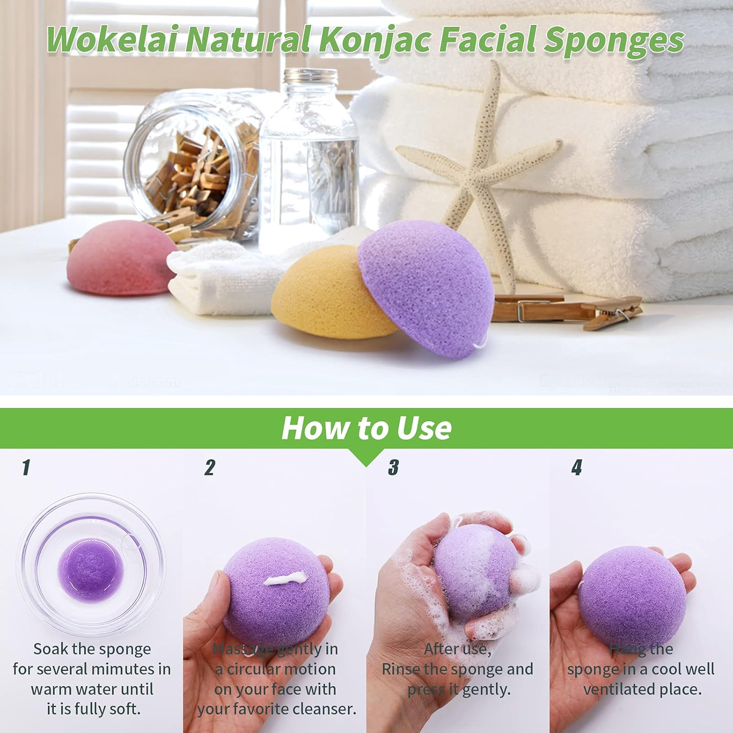 Pack of 6 Natural Konjac Sponge Face Sponge Face Sponges Face Cleanser Face Scrub Face Cleansing Sustainable with Activated Carbon and Aloe Vera for All Skin Types (Multi-Colour) image number 3