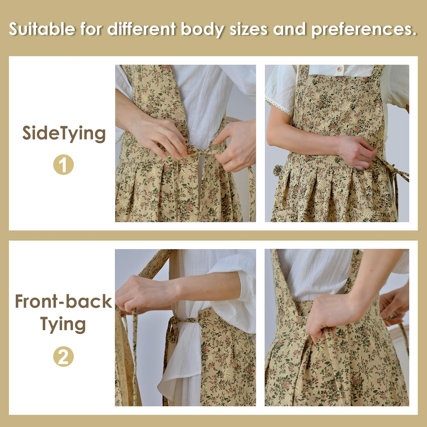 Surblue Cotton Aprons for Women Japanese Style Waterproof Cute Kitchen Aprons with Pockets Pinafore Dress for Painting Cleaning Cooking Gardening - Beige image number 6