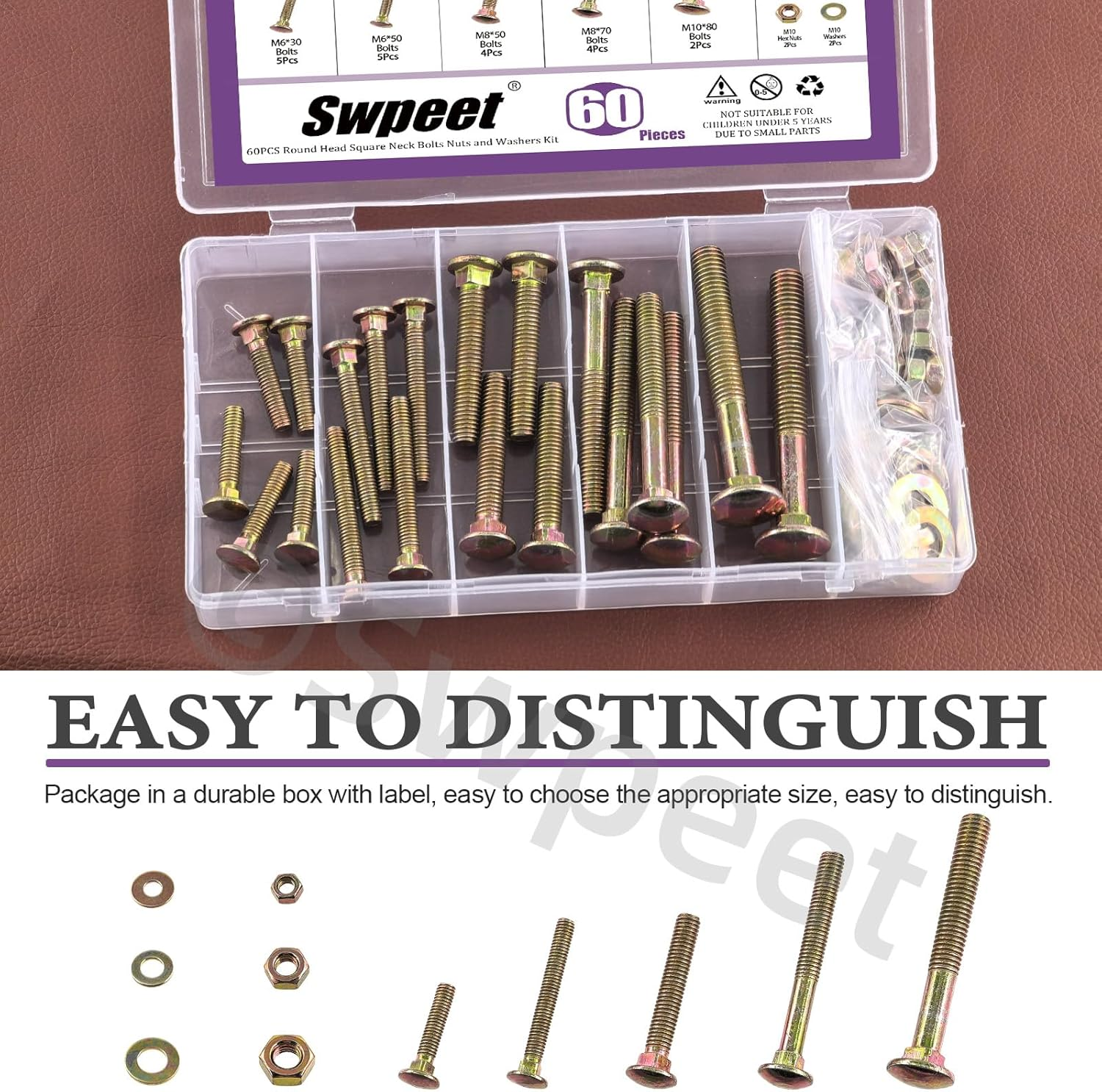 Swpeet 60Pcs 5 Sizes M6&times;30 M6&times;50 M8&times;50 M8&times;70 M10&times;80 Colored Zinc Plated Carriage Bolts Screws Nuts Washers Assortment Kit, round Head Square Neck Screws, Full Thread Carriage Bolts - Black image number 7