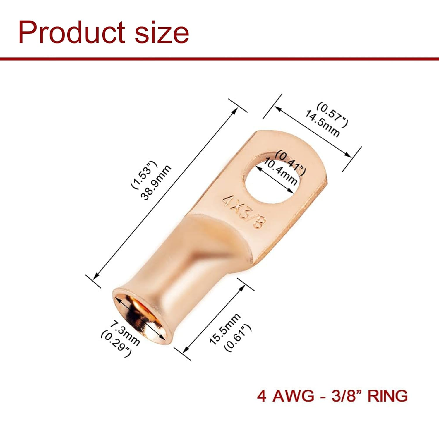 Copper Ring Terminal Connectors, 8 Pieces, 4 AWG 3/8 Inch, Battery Cable Lugs, Electrical Wire Crimping Kit