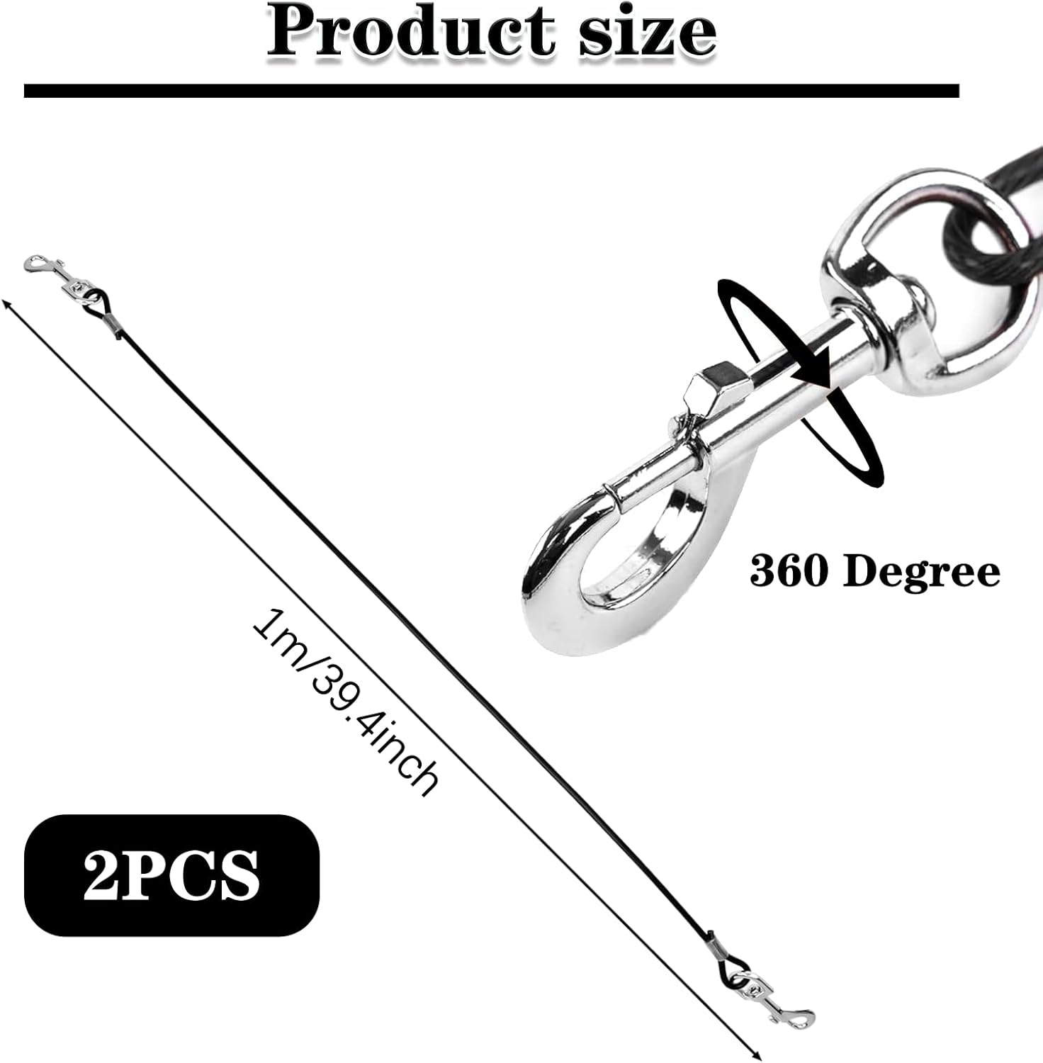 Black Tie Out Cable Leads, 2 Pack Chew Proof Dog Leash Extension Rope Non-Tangle Connect Training Tether for Yard, Outdoor and Camping image number 6