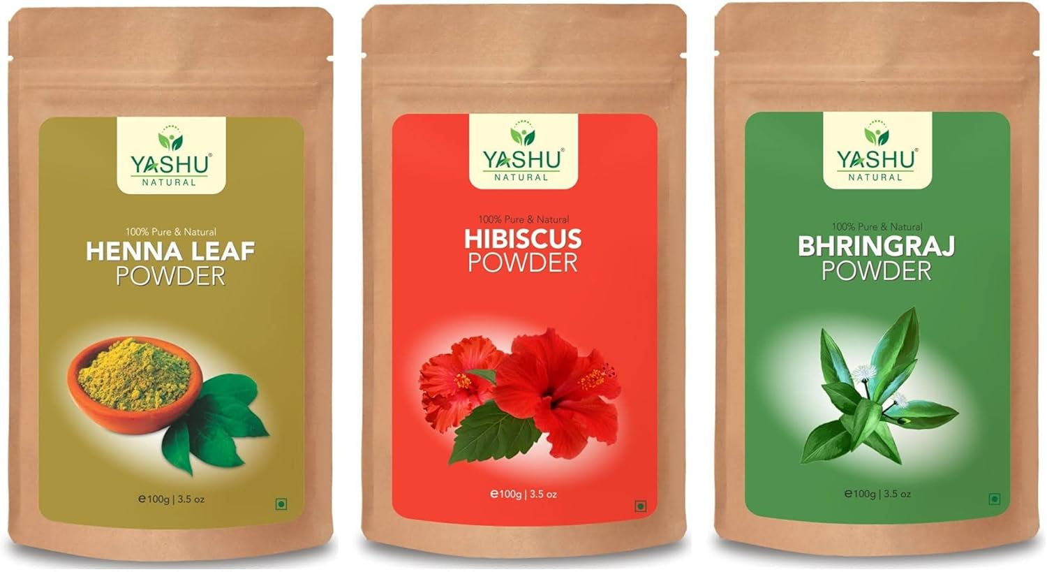 YASHU Pure Organic Hibiscus Bhringraj and Herbal Henna Powder for Hair Fall Control | Hair Mask Pack for Dry & Damaged Hair Repair | Combo Pack (300G) image number 2