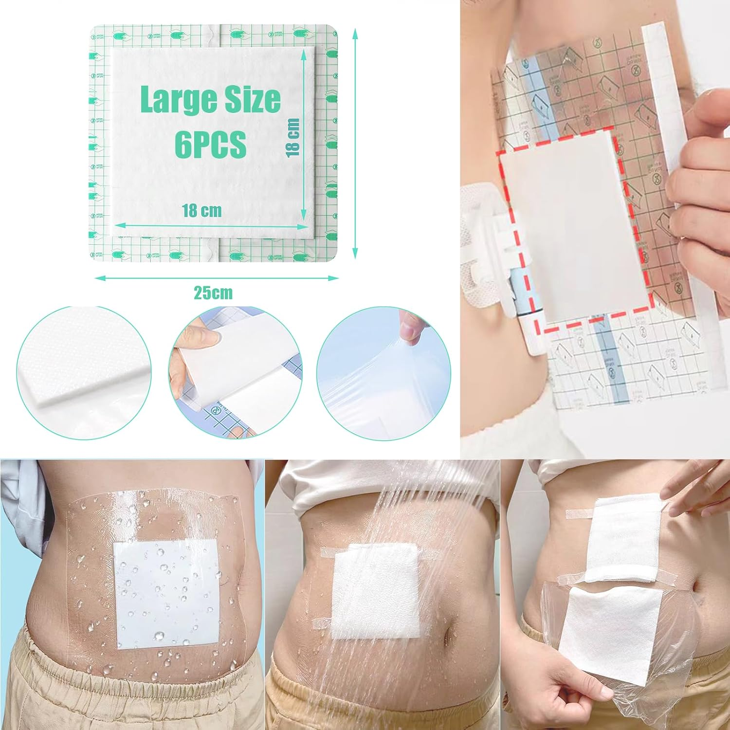 Wound Adhesive Film Bandage,Dialysis Catheter Shower Cover,Waterproof Ostomy Bag Protector Shield,Large Adhesive Dressing Absorbent Patche-10"X10"-6Pcs image number 1