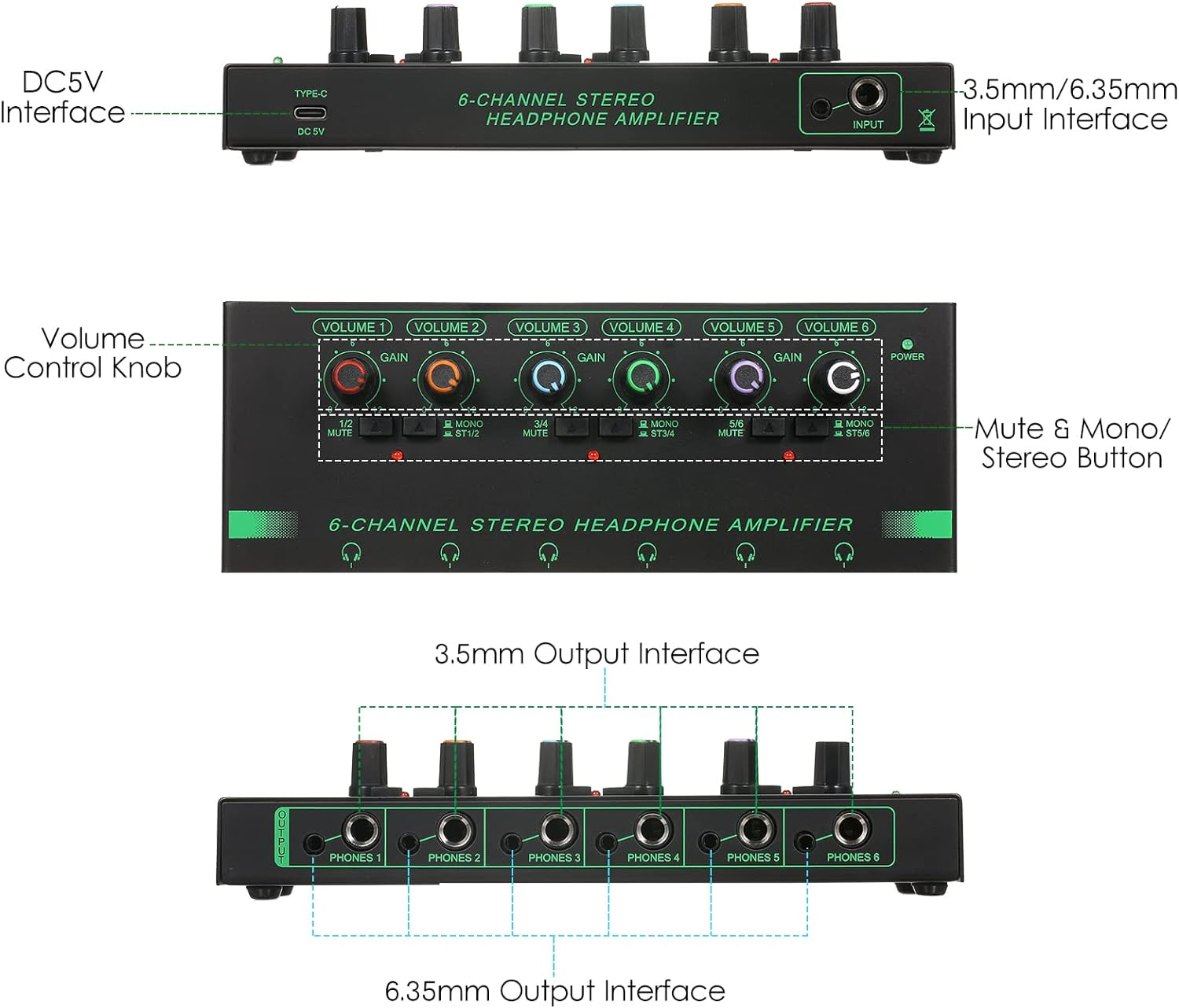 Headphone Amplifier, 6-Channel Stereo Headphone Amplifier Compact 6 Channels Mini Audio Stereo Headphone Amp with 6.35Mm/3.5Mm Input Volume Control In-Ear Monitoring System for Stage and Studios image number 1