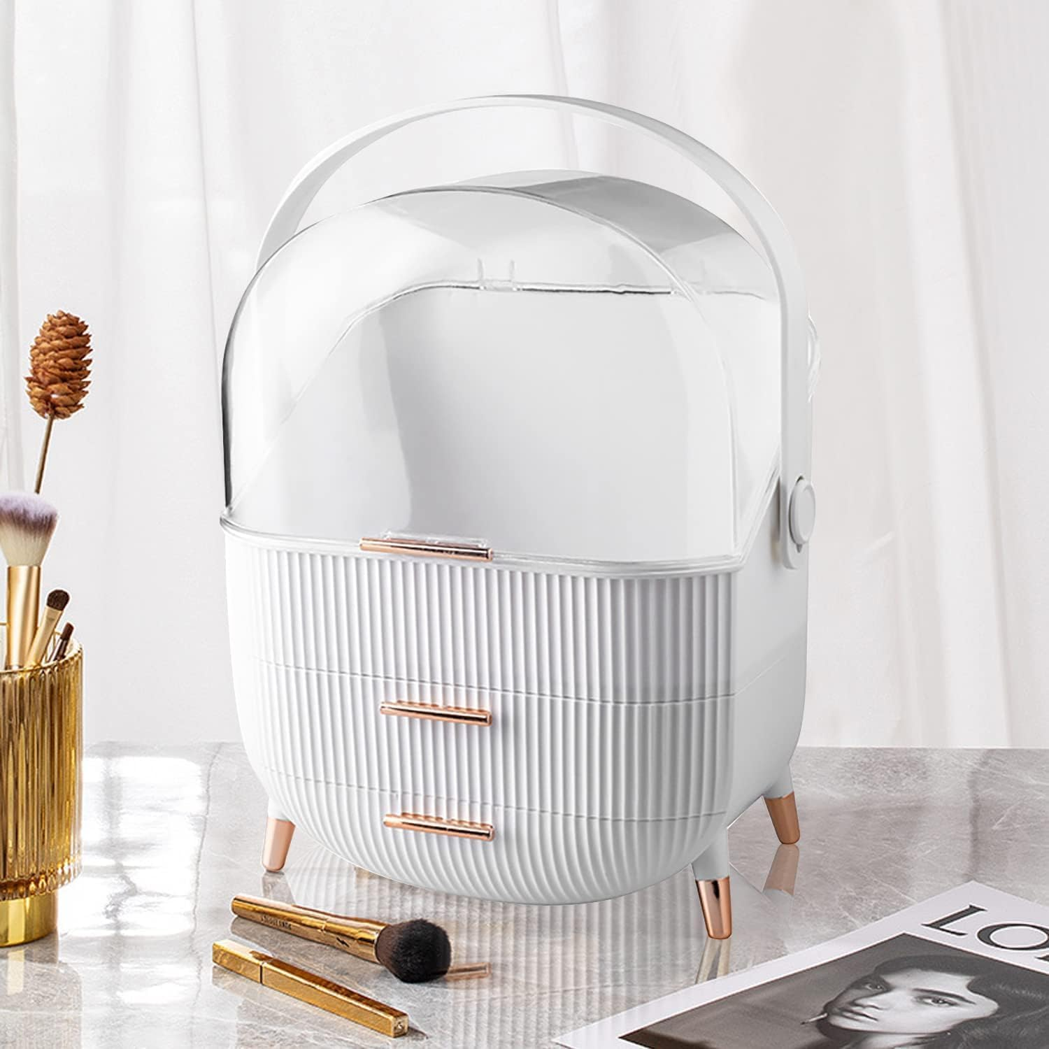 Makeup Storage Organizer,Clear Cover Cosmetic Display Case with Two Tier Storage Box and Brush Storage Box, Skincare Organizers for Bathroom Countertop,Bedroom Vanity Desk and Travel, White&hellip; image number 6