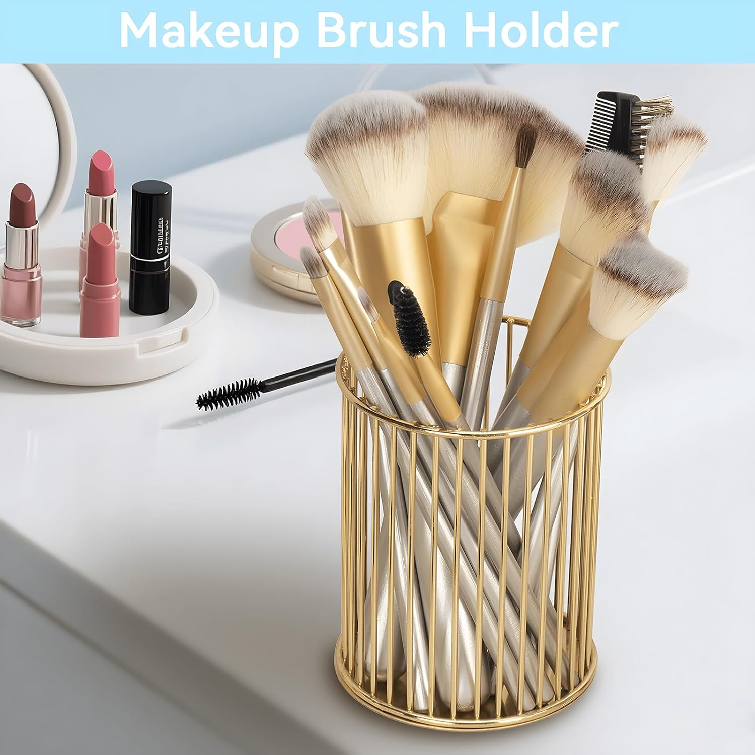 WATUNID Metal Pen Holder with 2 Pieces Diamond Pens and Gold Signing Pencil Stand Set, Makeup Brush Holder, Openwork round Art Table Accessories, Mesh Pen Pot Pen Holder for School, Office, Home image number 5