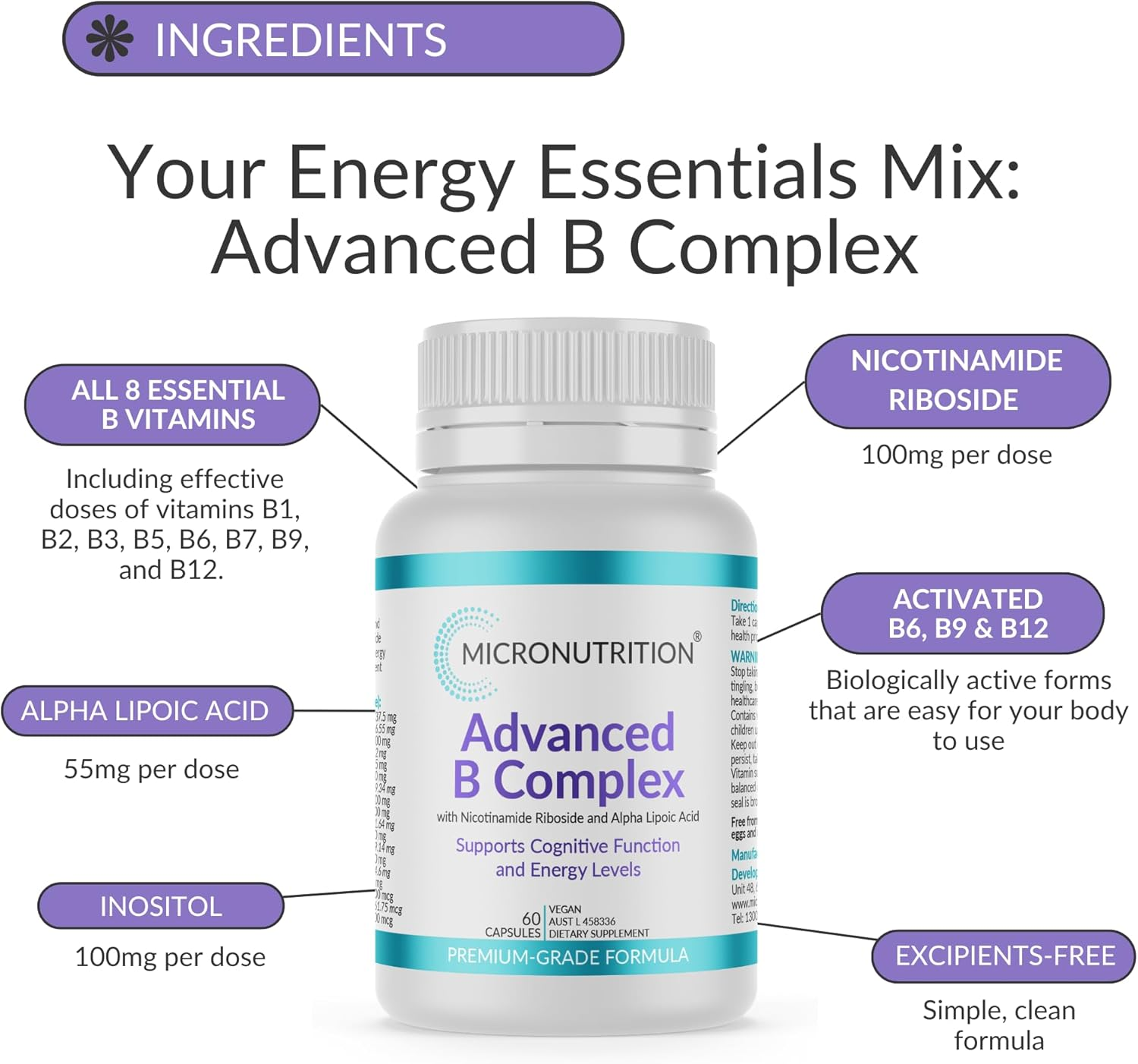 MICRONUTRITION Advanced B Complex Vitamin &ndash; One-A-Day, 60 Capsules - High-Strength - All 8 Essential B Vitamins B1, B2, B3, B5, B6, B7, B9 & B12 - Supports Energy, Cognitive Function, Skin Health image number 1