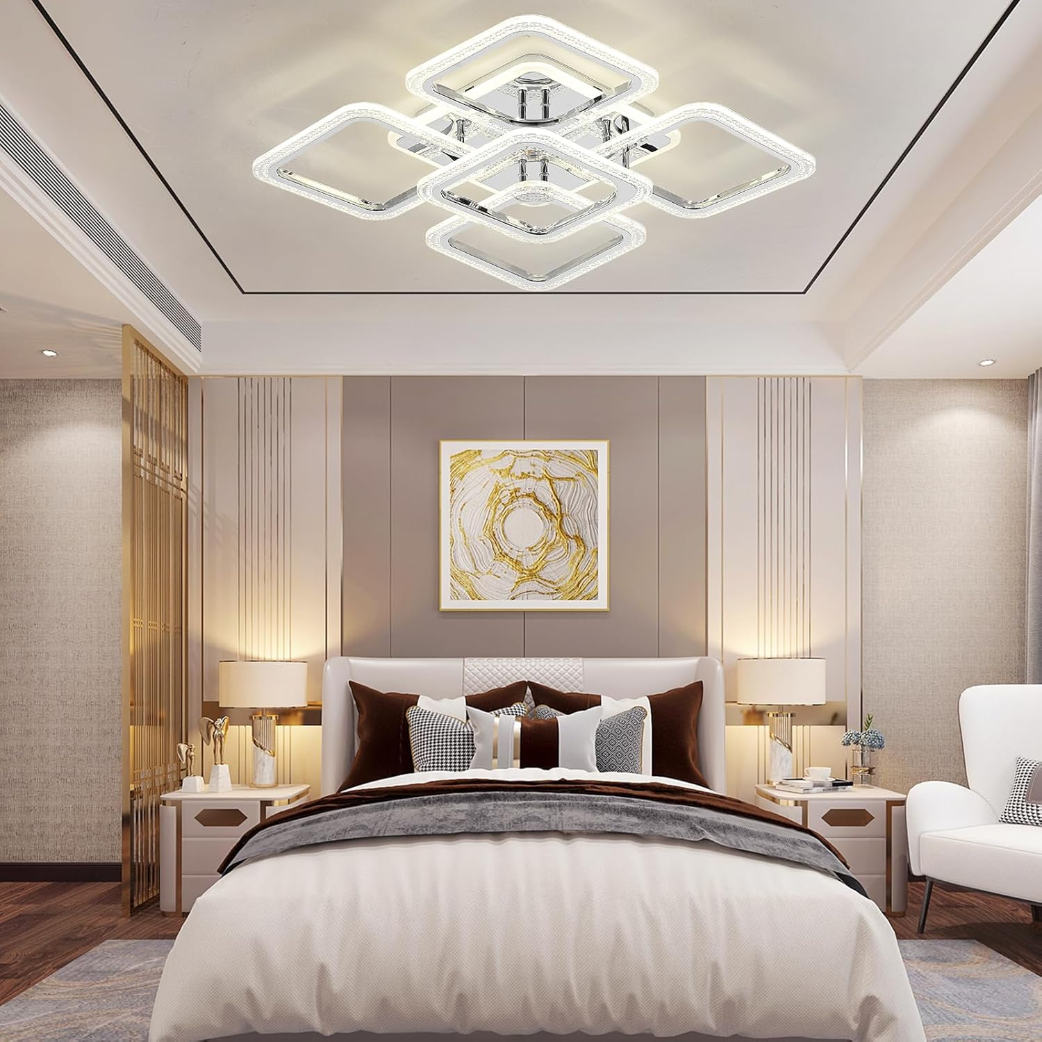 Oninio 60W Modern LED Ceiling Light, 23.6&rdquo; Chandelier Ceiling Lighting, Flush Mount Lighting Fixture White Bedroom Ceiling Lights Flower Ceiling Lamp for Living Room Dining Room Kitchen