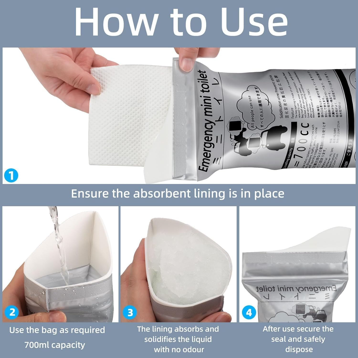 700Ml Disposable Travel Toilet Bag &ndash; No-Spill with Solidifier Gel for Cars Utes & Caravans &ndash; Unisex Leak-Proof Emergency Urinal for Adults & Children &ndash; 6-Pack image number 1