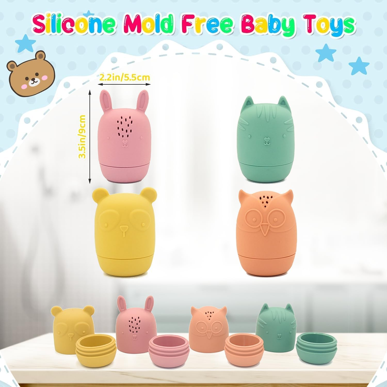 Chuangdi 4Packs Mold Free Baby Bath Toys ,Silicone Bath Toys for Toddlers 1-3 ,Non-Toxic Dishwasher Safe Bathtub Toys for Infants