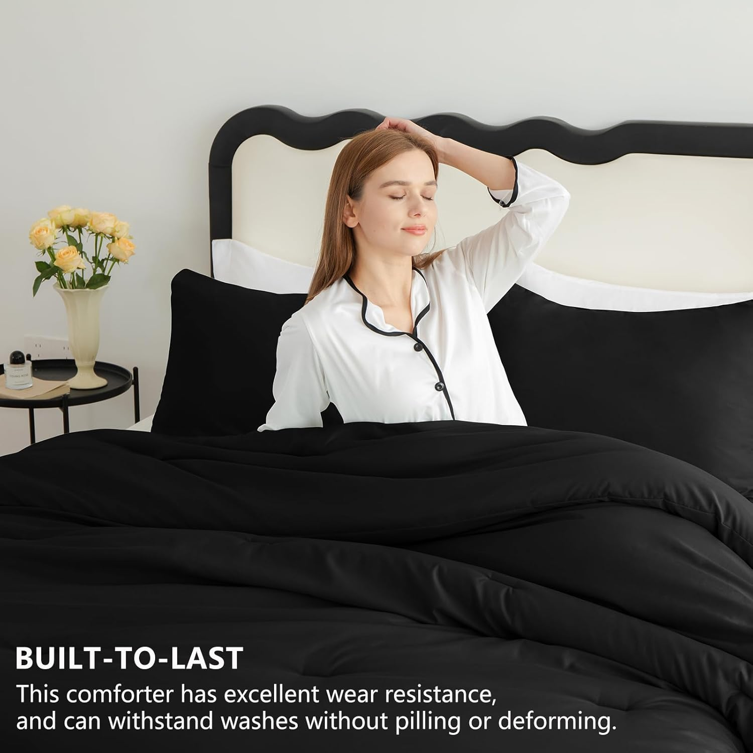 Cozylux King Size Comforter Set Black, 3 Pieces Solid Comforters King Size Breathable Quilted Style Bedding Set, Luxury Soft Microfiber down Alternative Comforter Bed Set (1 Comforter & 2 Pillowcases) image number 6