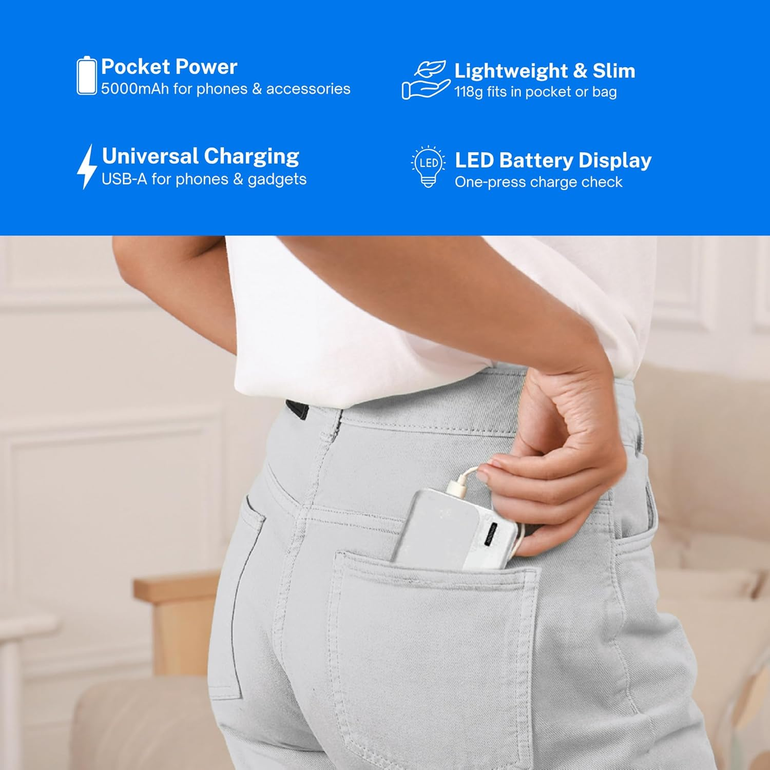 Laser Slim 5000Mah Portable Power Bank with LED Display &ndash; Lightweight Pocket Charger for Smartphones, Earbuds & Smartwatch &ndash; Compact Travel Battery Pack (White) image number 4