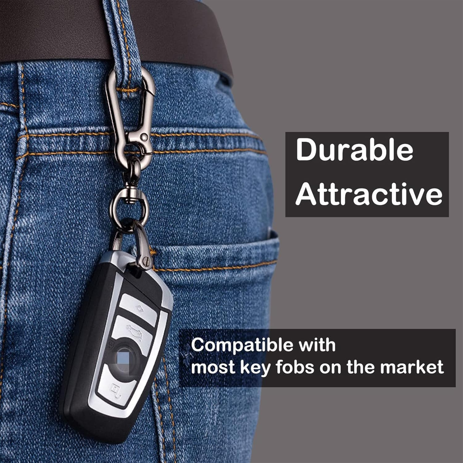 Metal Keychain Car Fob Key Chain Holder Clip 2 Pcs with Detachable Valet Key Ring & Anti-Lost D-Ring for Men and Women - Bright Black image number 6