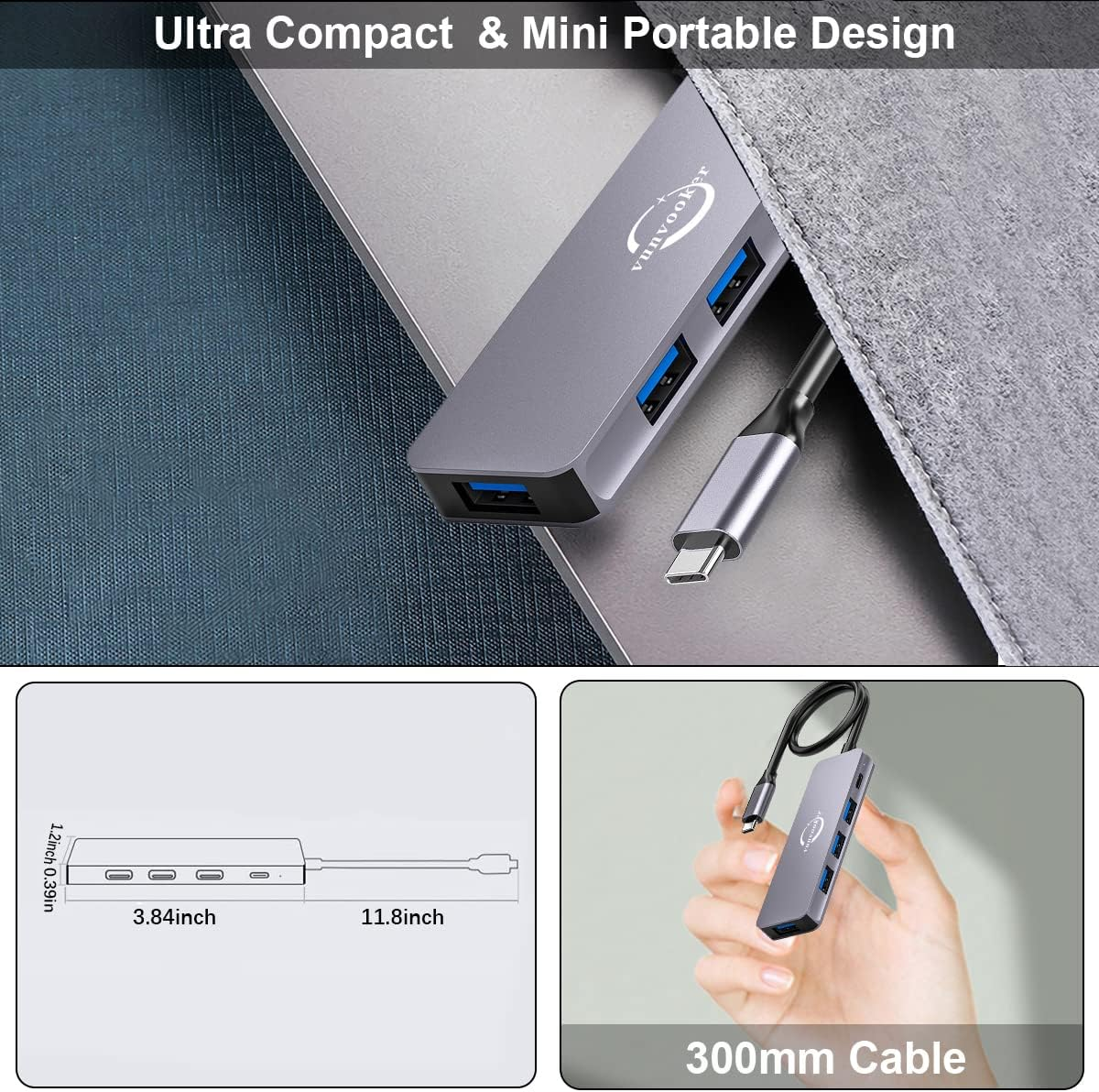 USB C Hub,Vunvooker 5In1 USBC Dongle with Long Cable,Usb C Splitter,Usb-C Expander for Laptop(100W PD,4 Port USB 3.0 Hub),Ultra Slim Mini Data Adapter for Macbook Pro/Air,Imac,Surface,Xps,Notebook image number 1