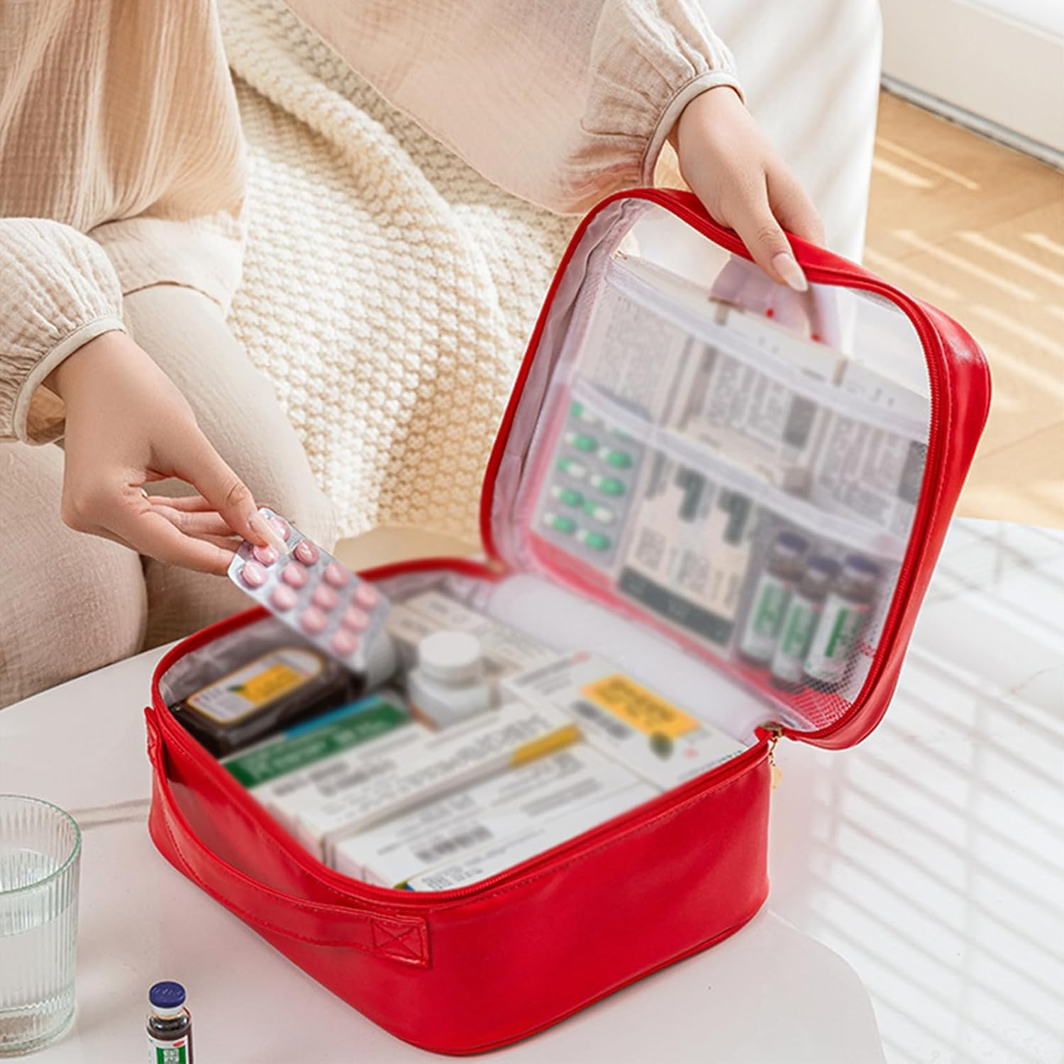 2Pcs First Aid Kit Pill Manager Travel Bag Medicine Storage Organizer Portable Large Medicine Pouch Medicine Organizer Bag for Home Camping Traveling (Red) image number 5