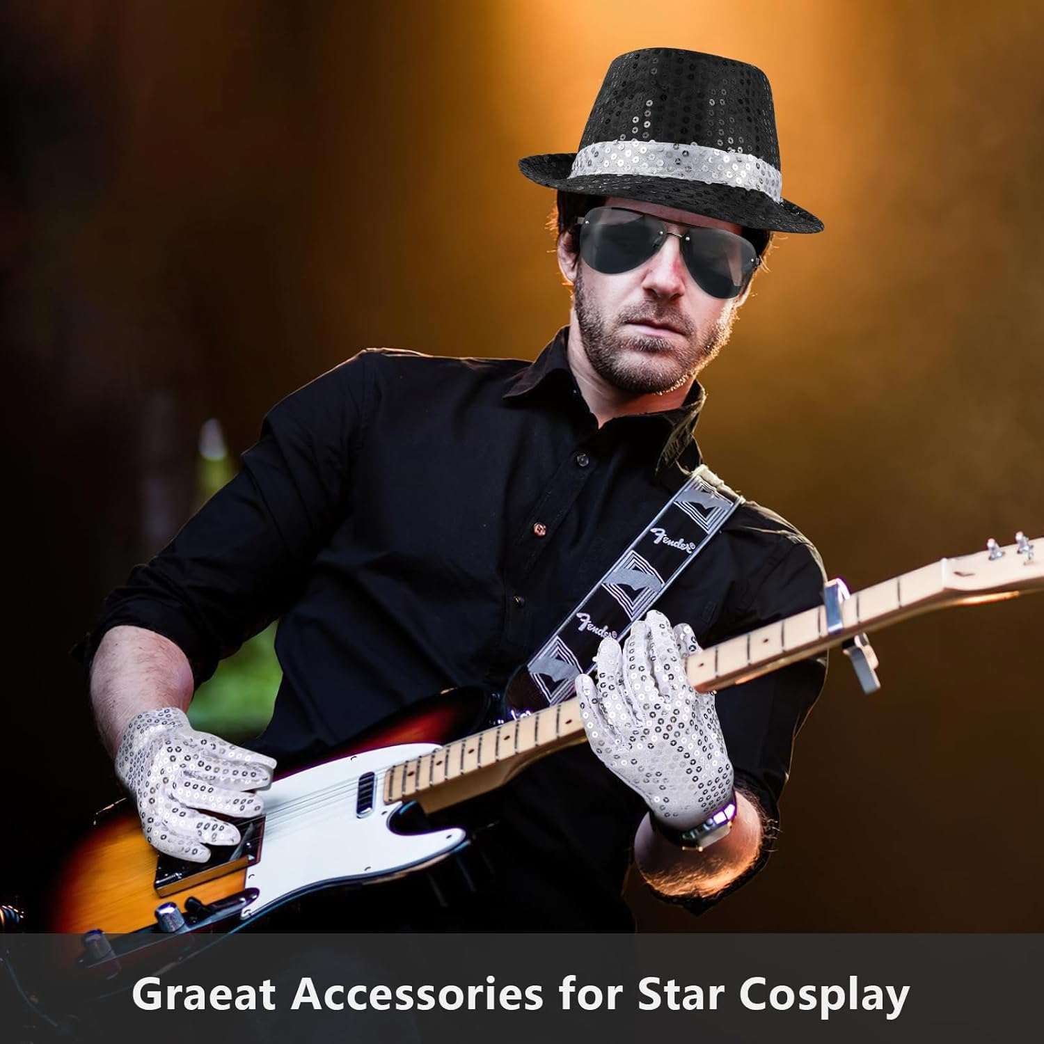 7PCS MJ Costume Accessories Adults, Disco Costume Set with Sequin Hat Head Microphone Sunglasses Sequin Gloves Silver Sock, 1980&rsquo;S Star Fancy Dress Cosplay Halloween Party Dress up Props image number 3