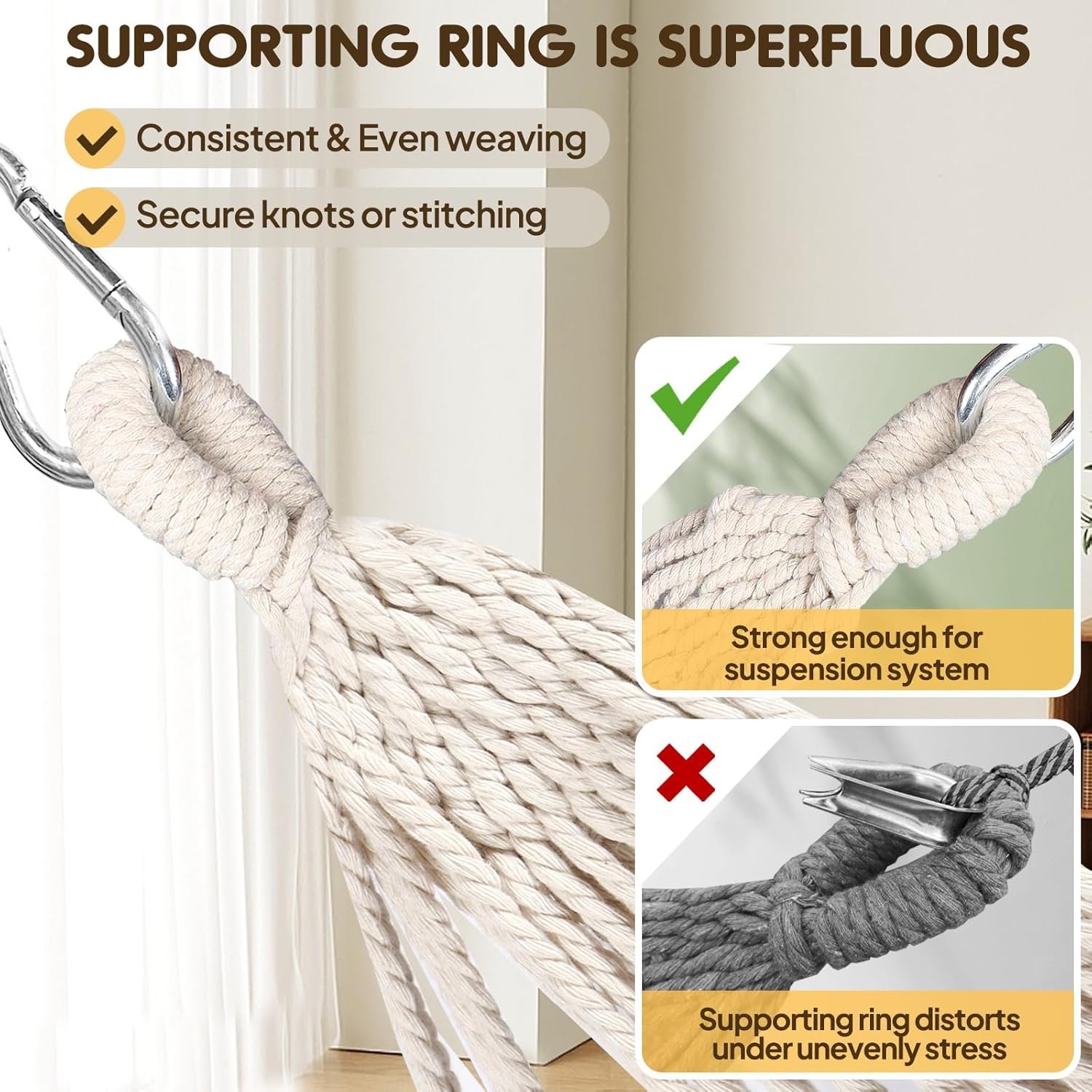 ANYOO Cotton Hammock Portable Camping Hammocks for Hanging Sturdy Garden Comfortable Fabric Hammock with Tree Straps up to 660Lbs with Travel Bag for Camping Outdoor/Indoor Patio Backyard - Blue/White/Red Stripe image number 2