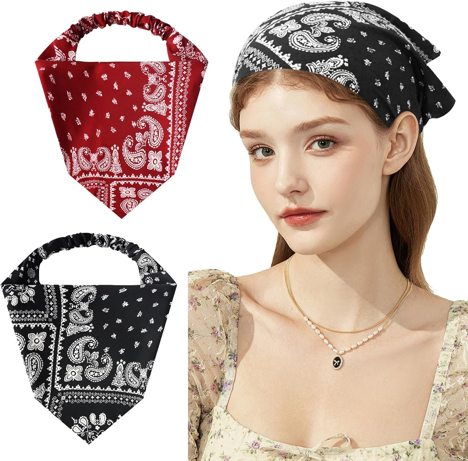 Kzvsiy 2-Pack Boho Head Kerchiefs, Elastic Hair Scarf Headbands, Paisley & Floral Chiffon Triangle Bandanas, Adjustable Turban Headwraps, Floral Hair Scarves for Women & Girls (Claret, Black) image number 6