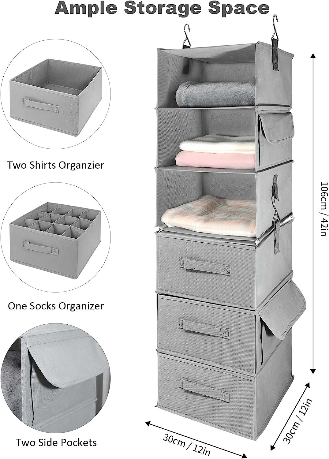 AVITONG 6-Shelf Hanging Closet Organizer, 2 Separable 3-Shelf Hanging Shelves with 3 Drawers for Wardrobe, Nursery, RV Storage, Baby Clothes Organization and Storage image number 3