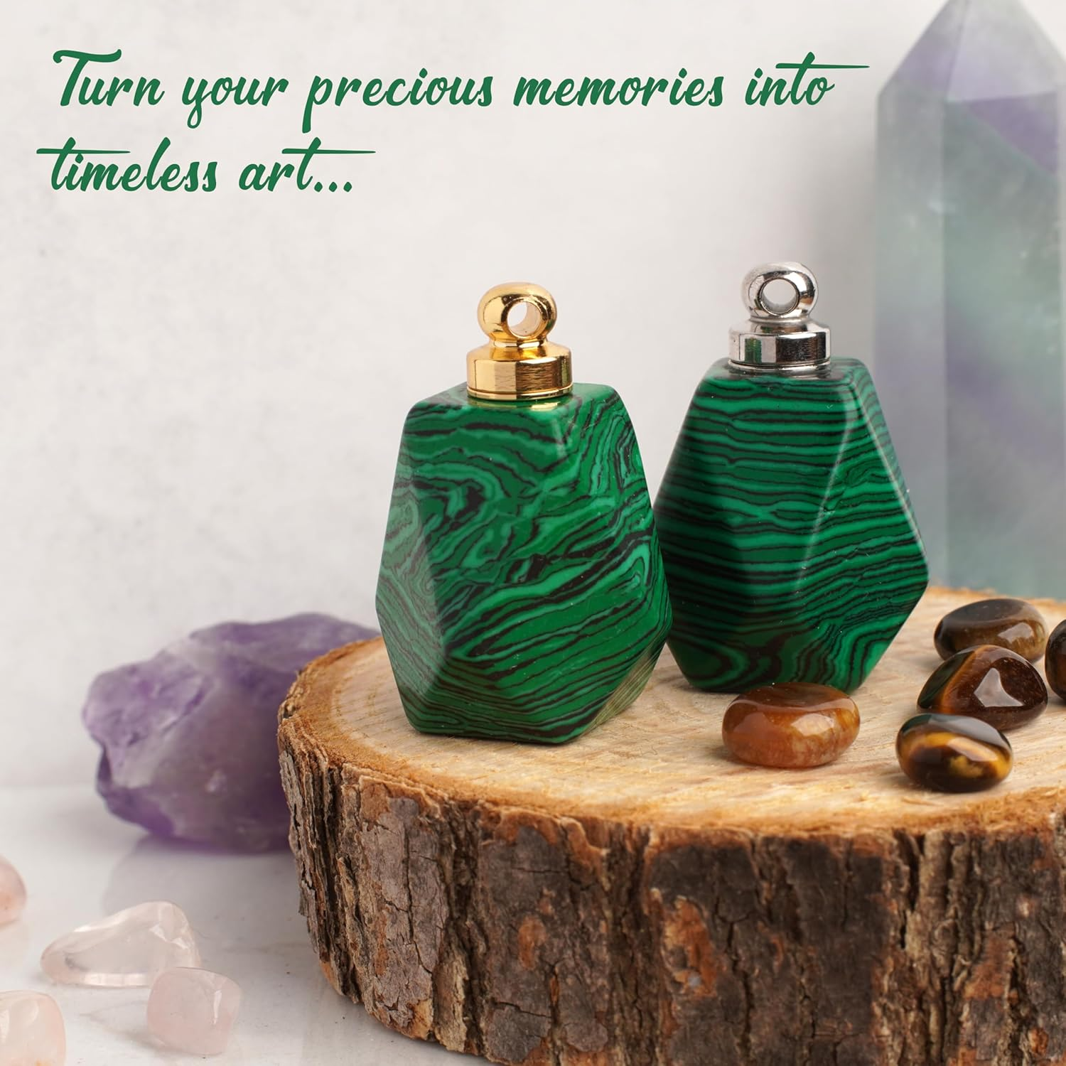 BOHO GARDEN Crystal Keepsake Urn - Wearable Small Container for Ashes, Memorial Urns Made from Real Crystal Material - Includes Spoon, Stick, Funnel & Storage Box (Malachite (Gold)) - 2-Rose Quartz (Gold) image number 7