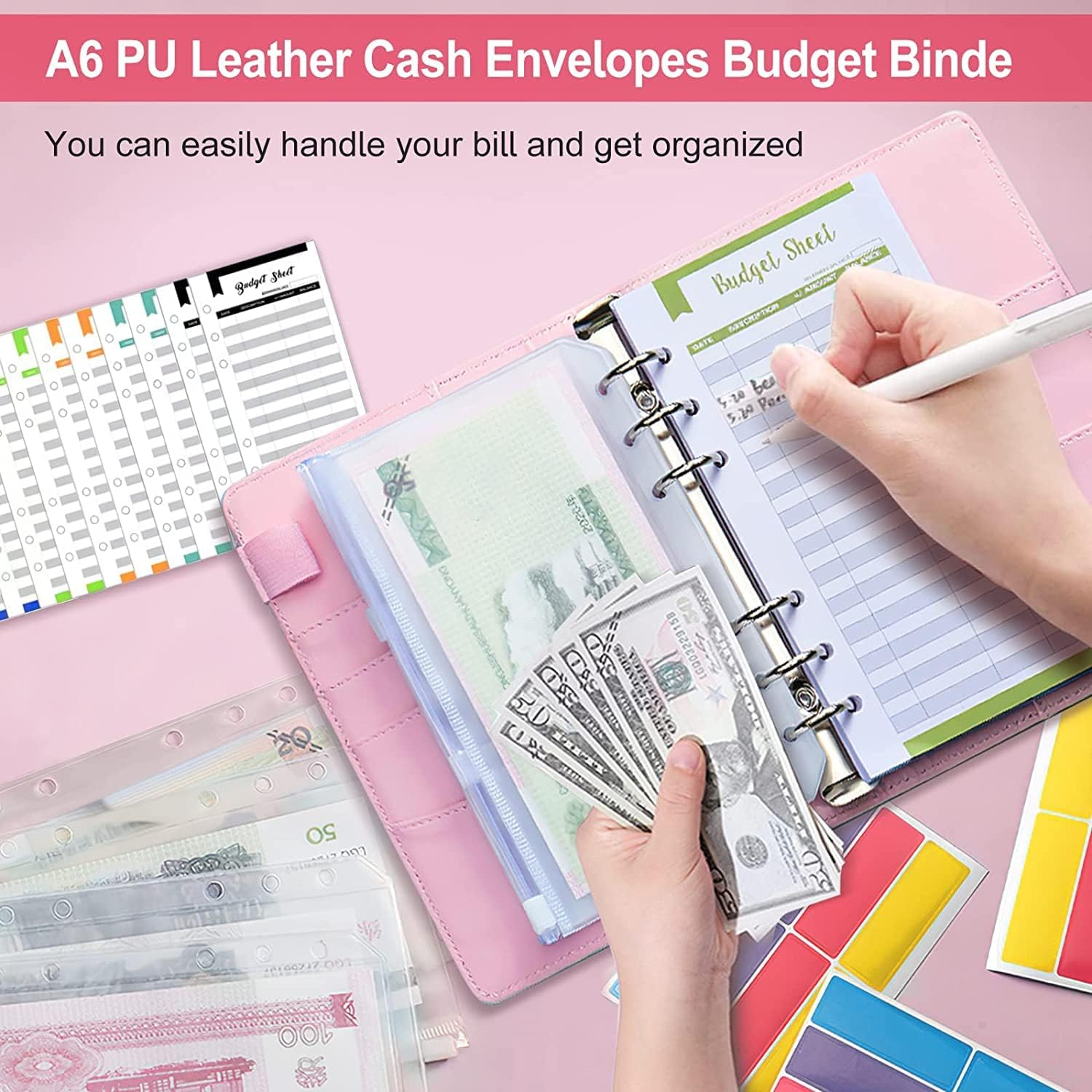 Budget Binder - A6 Size with Zipper Envelopes, 12Pcs Budget Planner and Cash Envelopes (Pink-White) image number 3