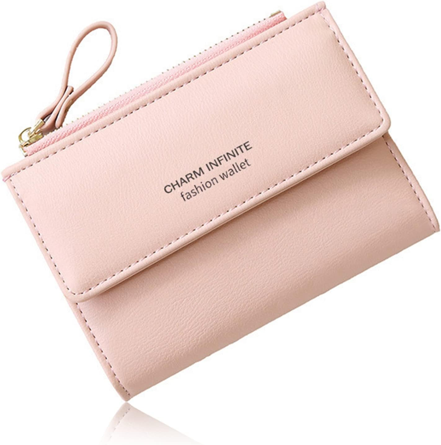 Bifold Leather RFID Blocking Wallet for Women Mini Ladies Purse with Coin Pocket, with Zipper Buckle, Credit Card Holder Coin Purse PU Small Short Wallet (Pink)
