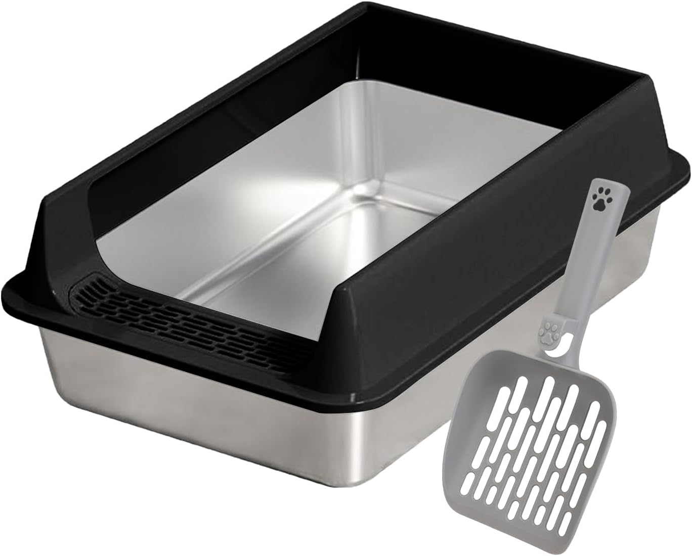 Cat Litter Tray Stainless Steel Cat Litter Tray Splash-Proof with Shovel Non-Stick Cat Accessories for Large Medium Small Cats Home Garden Balcony Patio