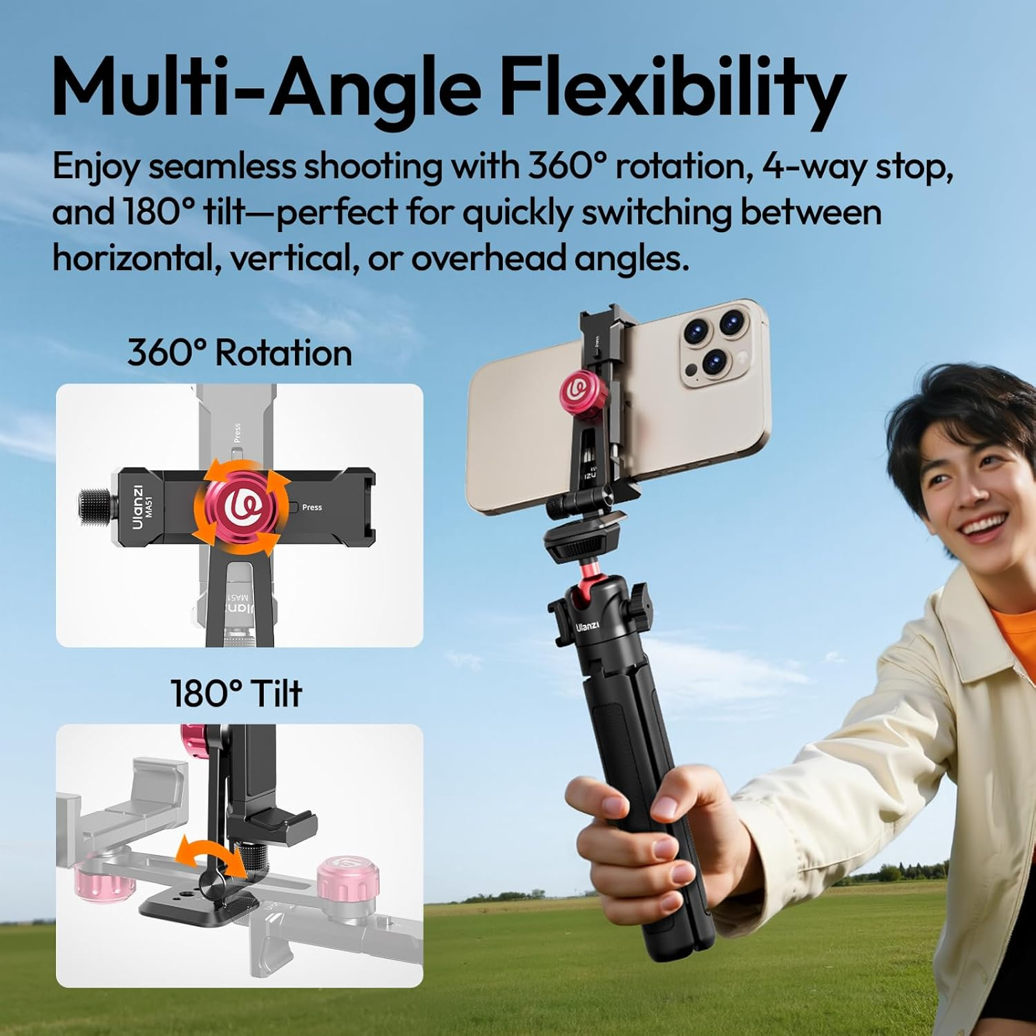 ULANZI MA51 Metal Phone Tripod Mount, Phone Clamp with Arca UKA Base, Cold Shoe, ARRI Locating Holes, 360&deg; Swivel 180&deg; Tilt, Cell Phone Holder Compatible with Iphone Samsung Galaxy and All Phones image number 4