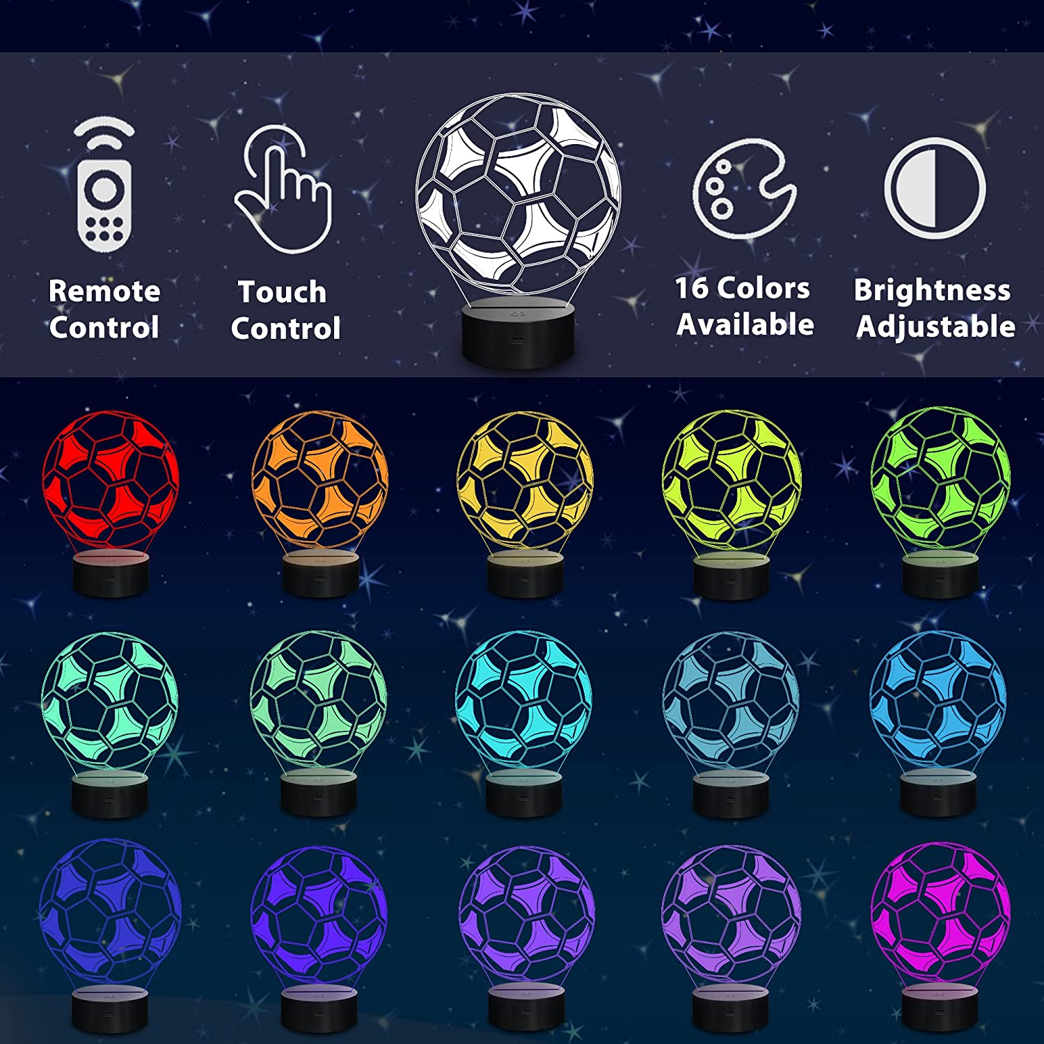 Soccer Night Light, Lampeez 3D Illusion Football Lamp for Kids, 16 Colors Changing with Remote, Kids Bedroom Decor as Xmas Holiday Birthday Gifts for Boys Girls image number 5