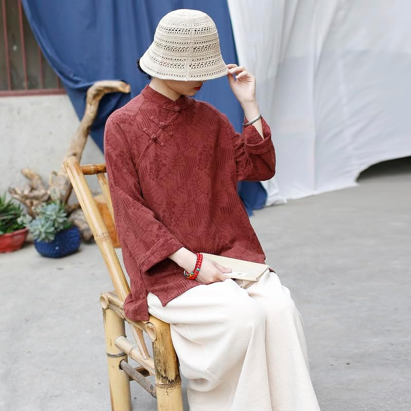 Autumn Chinese Style Blouse Traditional Top Linen Cotton Boho Elegant Women'S Shirt Coffee image number 2