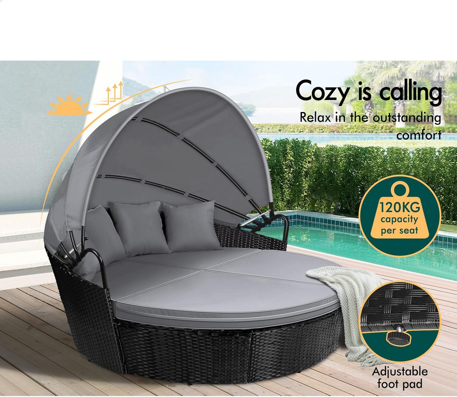 ALFORDSON Sun Bed Sofa 3Pcs with Adjustable Canopy, Wicker Outdoor Tanning Lounger with Fabric Seat Cushions & Pillows, Steel Frame Lounge Chair Furniture for Garden Pool Patio Backyard, Black Grey - Black Grey image number 2