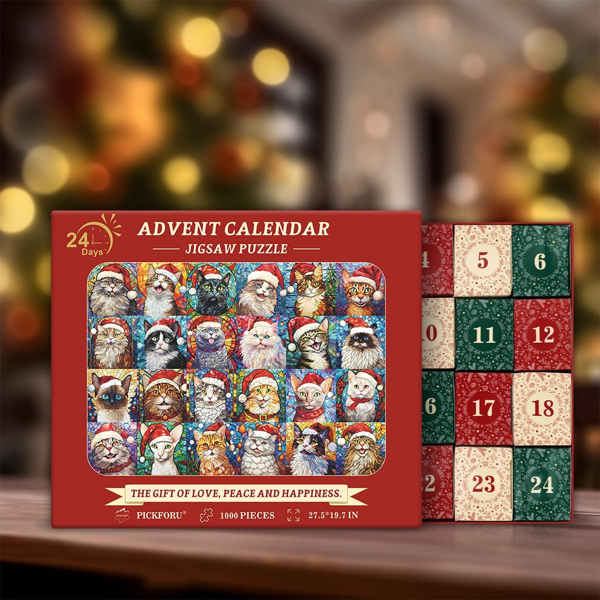 PICKFORU Christmas Advent Calendar 2024 Puzzles for Adults 1000 Pieces, Cat Mosaic Stained Glass Puzzle Countdown Calendar, Colorful Animal Christmas Jigsaw Puzzles as Home Decor image number 4