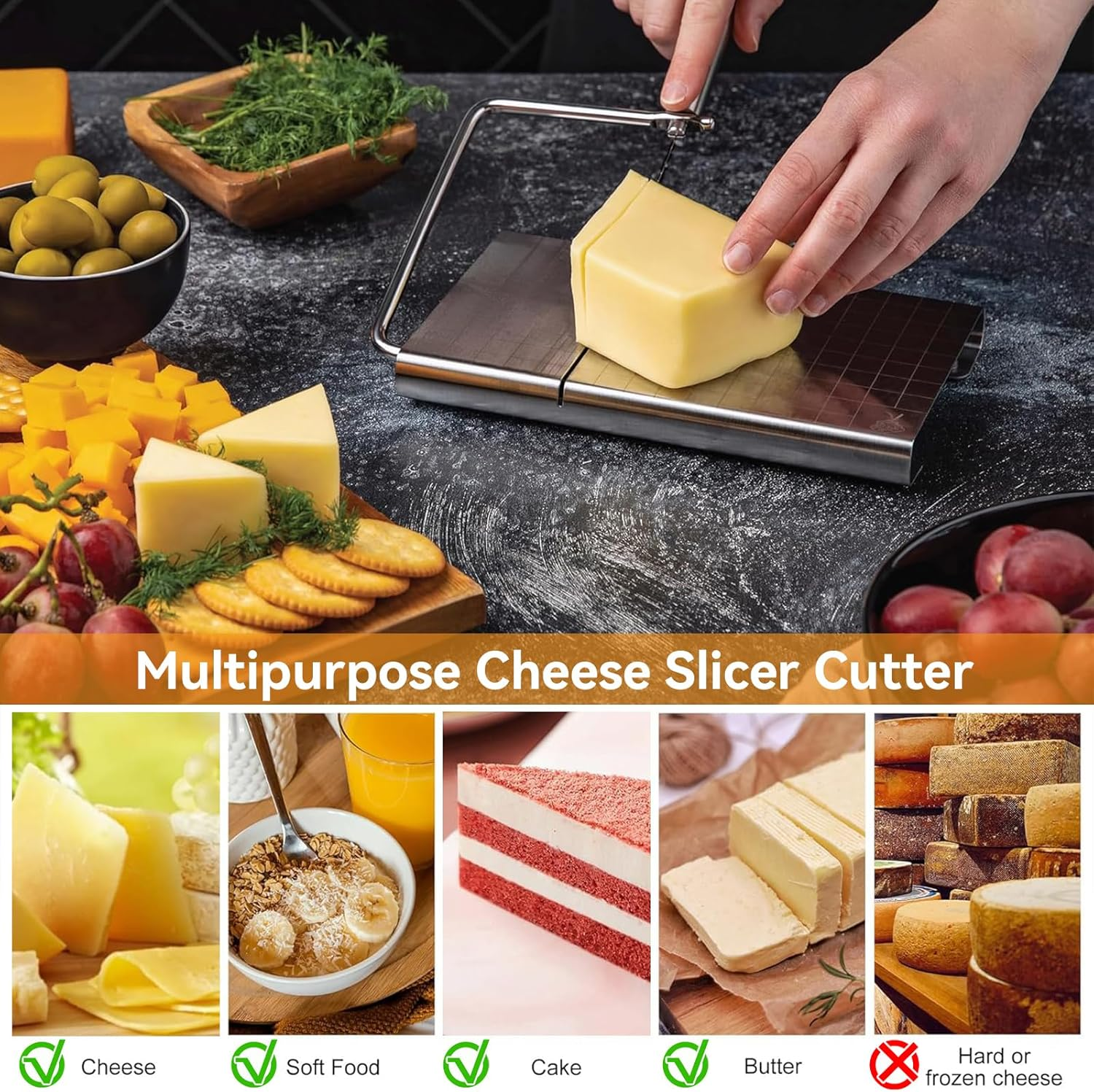 Aymorder Stainless Steel Cheese Cutter with 5 Extra Wires, Adjustable Slicer, Non-Slip Food Cutter for Cheese, Butter, Cake, Sausage (Silver) image number 1