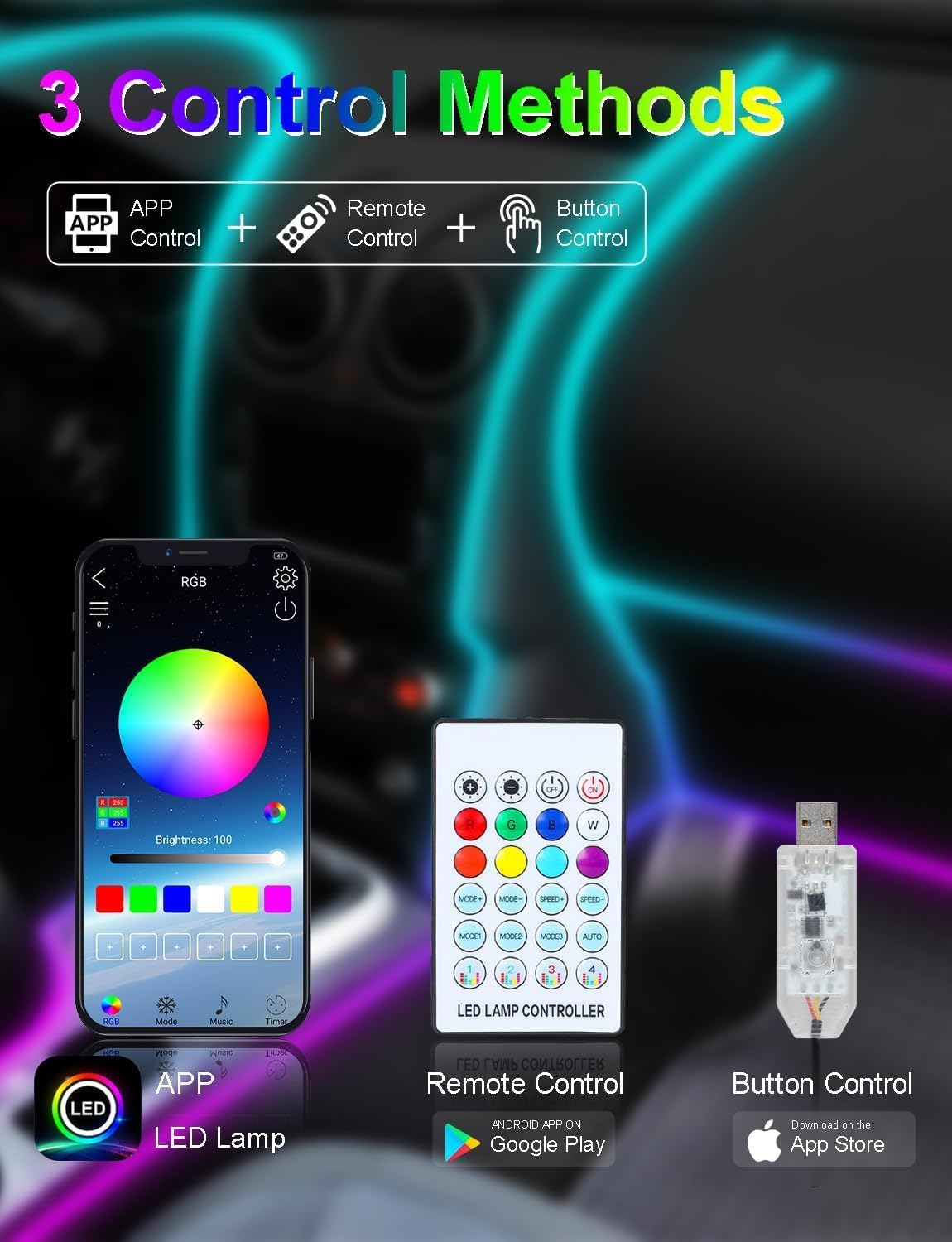 Interior Car LED Strip Lights 43 Inches Length 0.08In Ultra-Thin Thickness with App/Remote Control, Color Changing Ambient Lighting Kit, Sync to Music Car Lighting Accessories