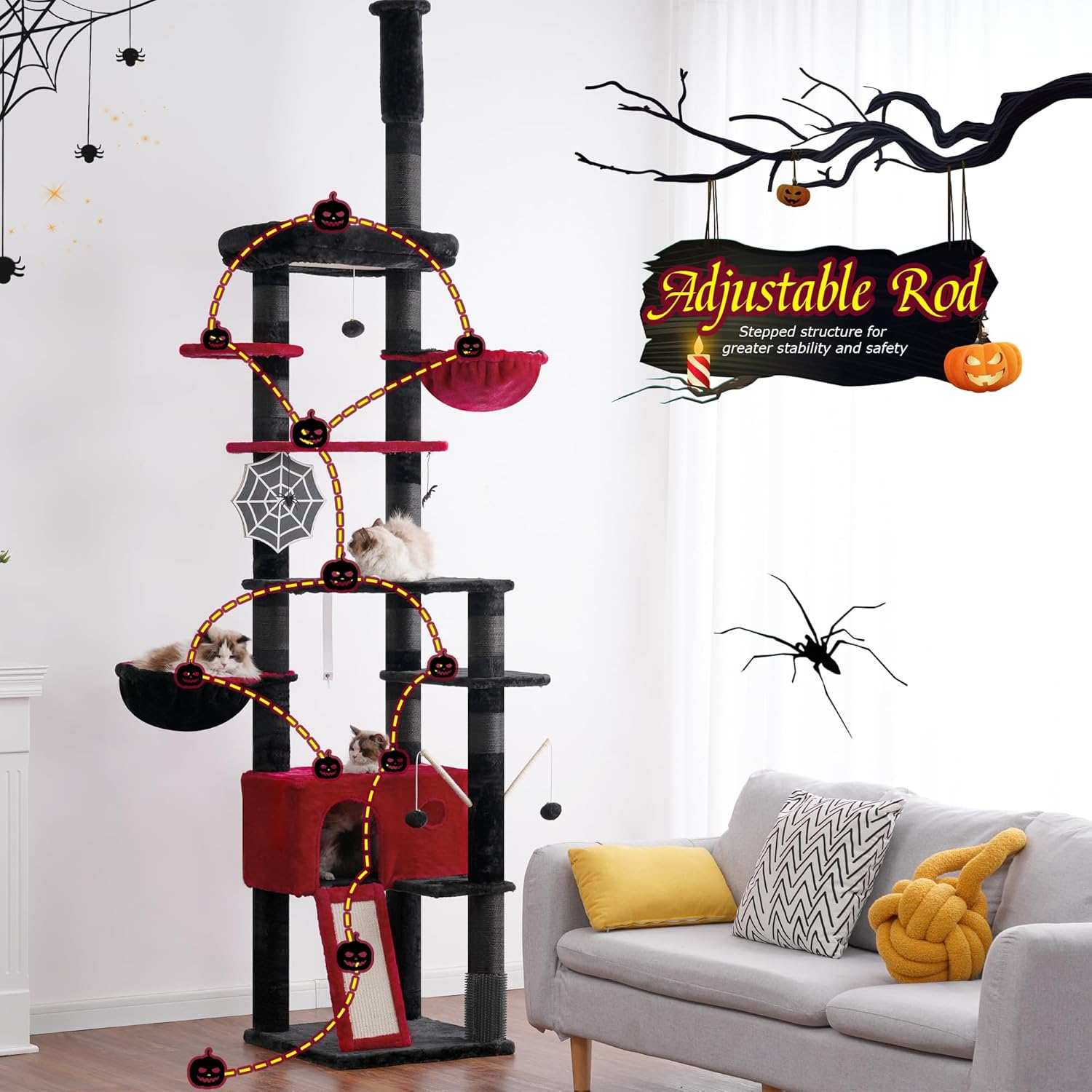 Hey-Brother Gothic Cat Tree, 98.4-110.2 Inches Floor to Ceiling Cat Tree-Adjustable Height, Tall Cat Climbing Tower for Cats Large Adult with Scratching Post, Cat Cando, Black and Red 0MPJ091BR - Light Gray image number 3