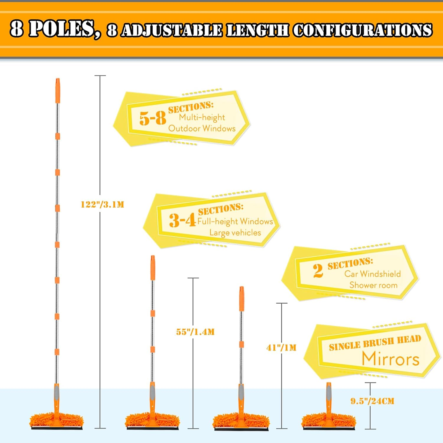 Lapluied 3.1 M Window Cleaner Set, 3-In-1 Window Cleaner Set, Telescopic Window Wiper 270&deg; Rotating Brush Head, Professional Telescopic Rod Window Cleaning for Indoor/Outdoor Windows, Car Orange image number 4