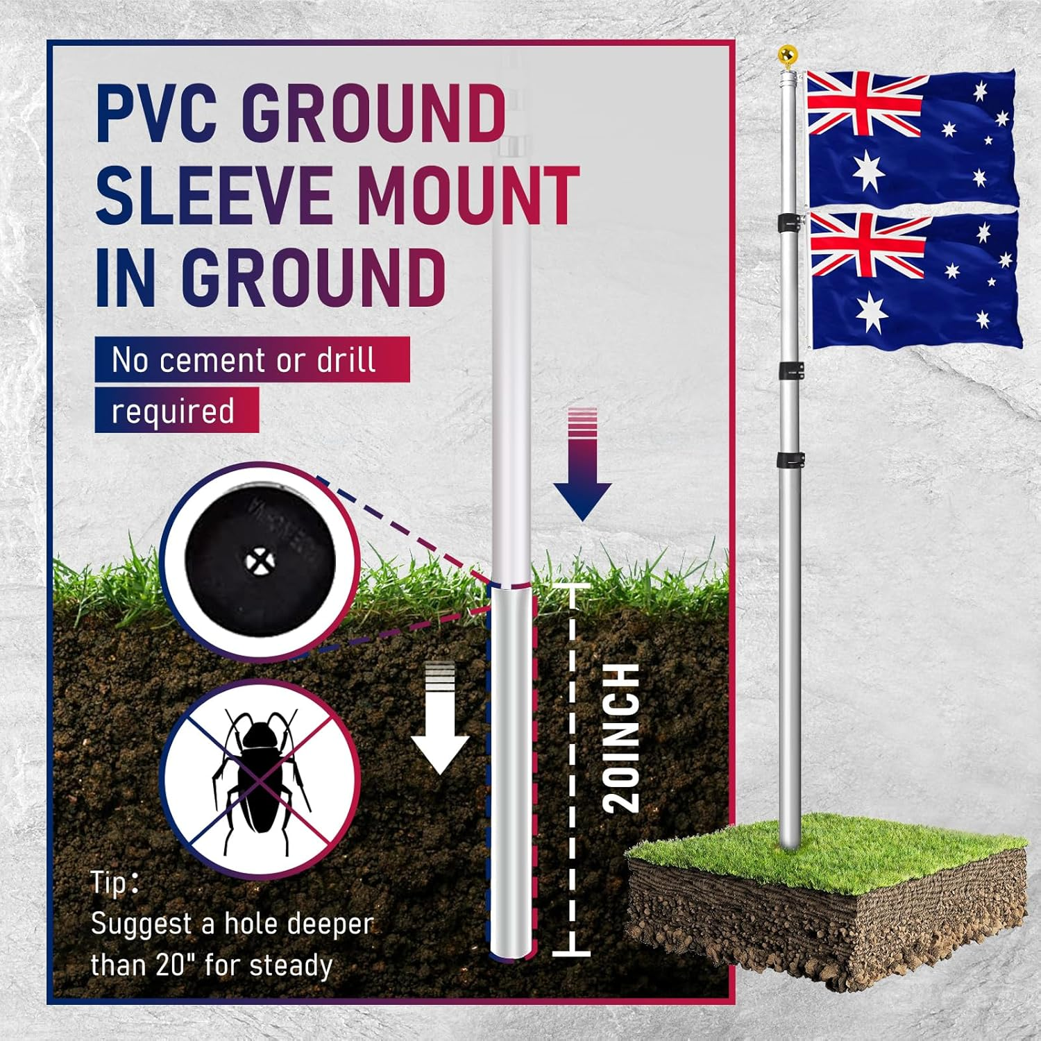 The 6.1M Telescopic Flag Pole Kit, Heavy Duty Aluminum Telescoping Flagpole Kit Fly 2 Flags, Outdoor in Ground Flagpole with 3X5 AU Flag & Gold Ball Top for Residential or Commercial, Silver image number 3