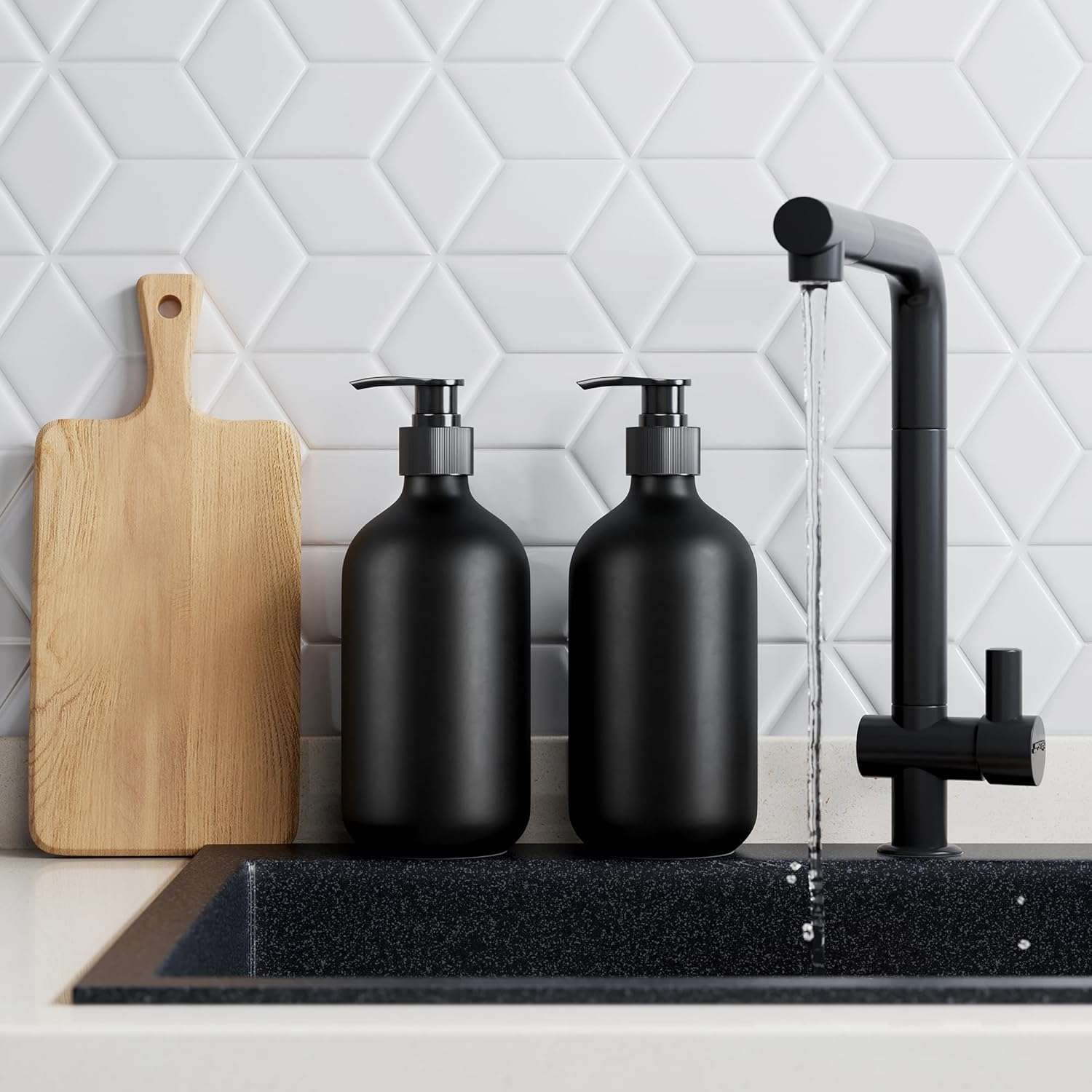 2Pcs Black Soap Dispenser, 16Oz Plastic Dish & Hand Soap Dispenser for Kitchen, Empty Liquid & Lotion Dispenser Set for Bathroom Accessories - Black Pump image number 3