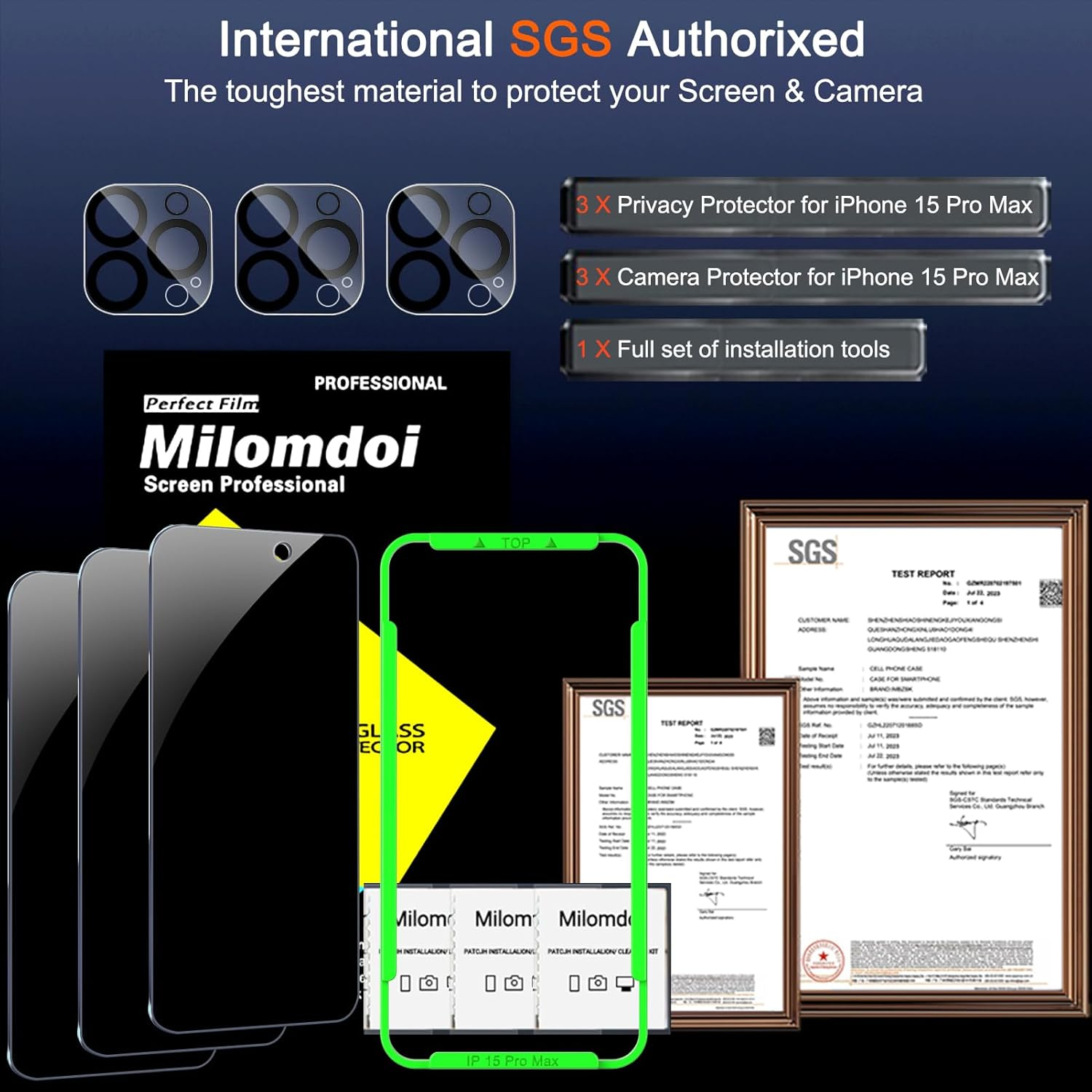 Milomdoi 4 Pack Privacy Screen Protector for Apple Iphone 15 Pro Max with 4 Pack Tempered Glass Camera Lens Protector, Ultra 9H Accessories, Case Friendly, Mounting Frame, 2.5D Curved, Black - Black image number 4