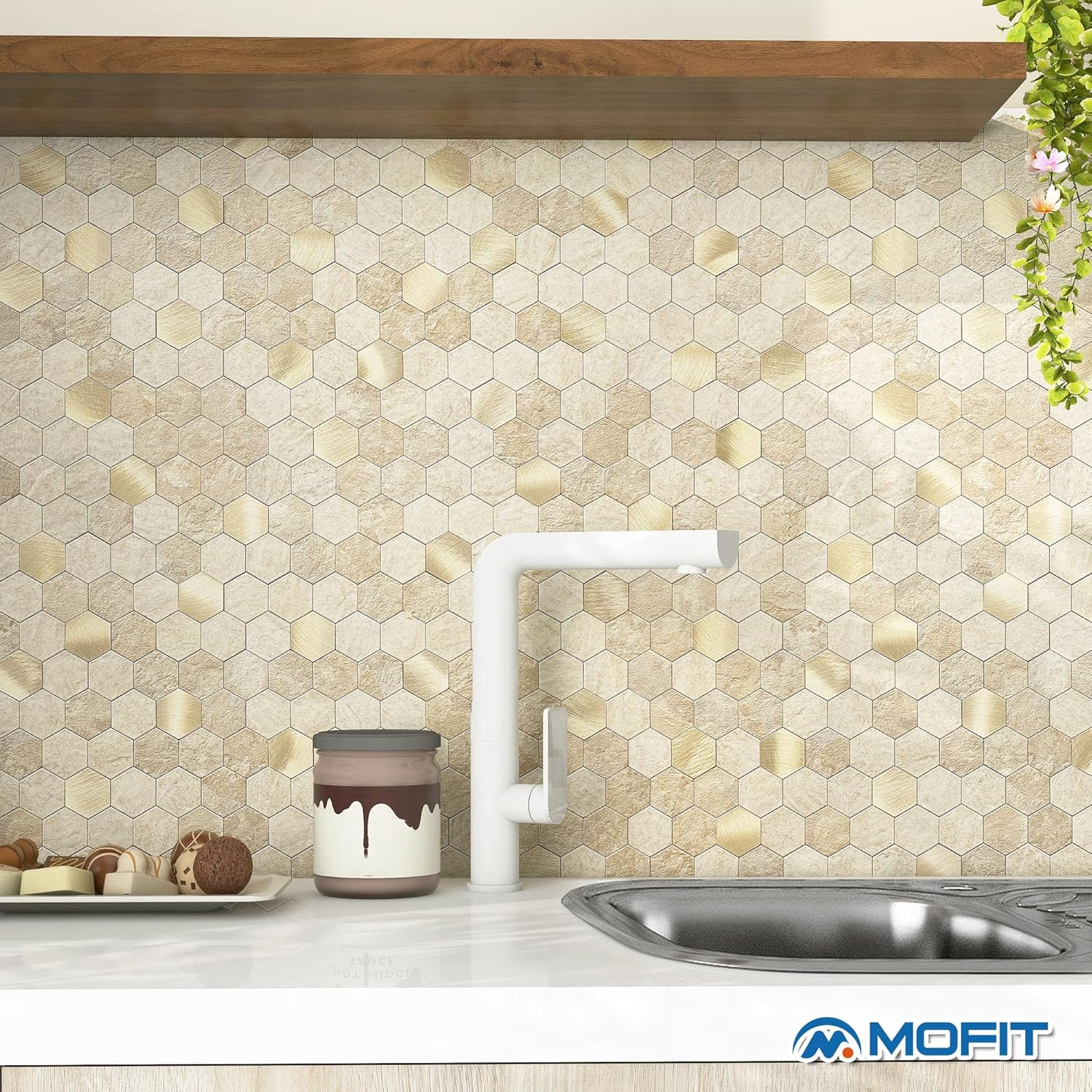 MOFIT Hexagon Peel and Stick Backsplash Tiles Kitchen,Self-Adhesive Metal and Marble Honeycomb Peel and Stick Wall Tiles Sticker Mosaic Heat Resistant(Beige,10Sheets)