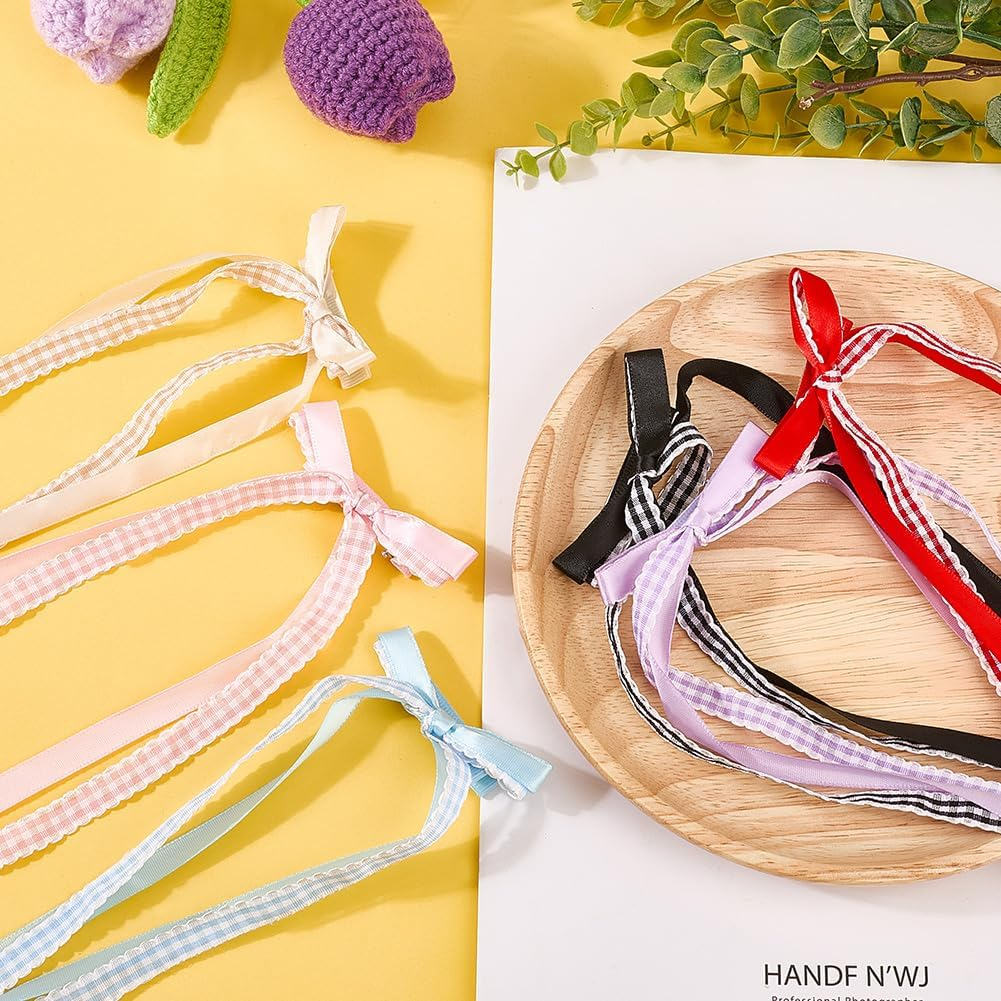 CABODYALS 6Pcs 6 Colorus Bowknots Hair Alligator Clips with Long Tails Plaid Bows Ponytail Holder Slides French Barrette Cute Tassels Sweet Ribbon Clip for Women Head Decorations Styling Accessories