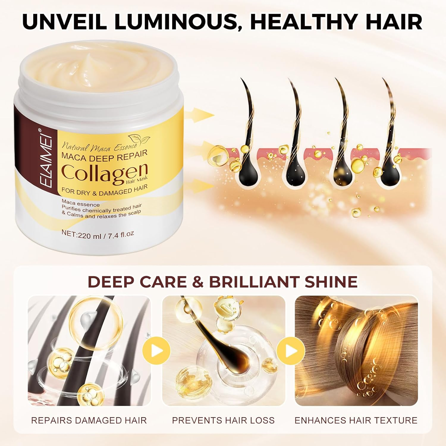 Collagen Hair Treatment Mask - 7.4 FL Oz,Deep Hydration & Repair for Dry, Damaged Hair, Natural Collagen Mask for Hair Treatment, Contain Maca, Avocado Oil for All Hair Types image number 1