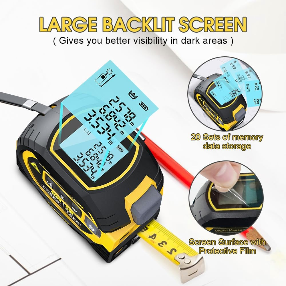 Chamgeco Almighty Ruler Laser Rangefinder, 3-In-1 Infrared Laser Tape Measure, 60M Digital Retractable Laser Measuring Sight with 5M Measuring Tape, Handheld Tape Measure Tool with Large LCD Display image number 2