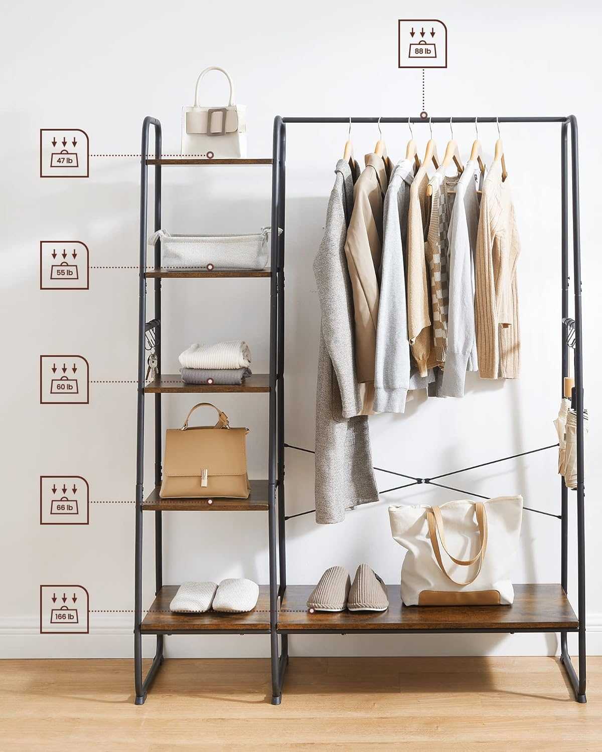 VASAGLE Clothes Rack, Clothing Rack with Shoe Shelf, 5-Tier Storage Rack, 6 Side Hooks, for Bedroom, Living Room, Rustic Brown and Black URGR116B01 image number 3