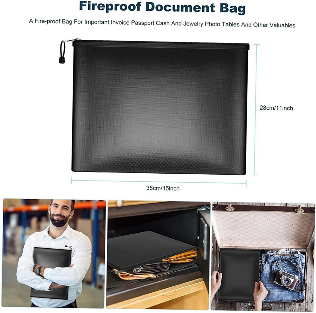 Zerodeko Fireproof Money Bag with Zipper Document Storage Pouch for Cash Passport Jewelry Certificates Secure Document Holder for Home and Travel Black Medium image number 1