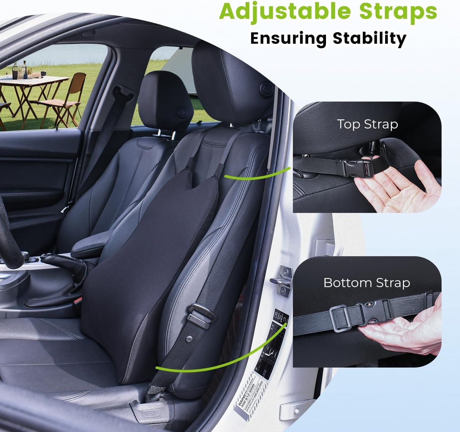 Lumbar Back Support Pillow for Long Driving, Universal Fit Memory Foam Cushion with Anti-Slip Straps, Removable Washable Cover, Perfect for Car Office Truck Seats (20.9")