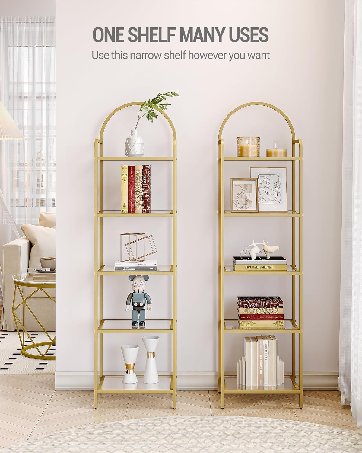 Hzuaneri Bookcase Bookshelf, Tempered Glass Bookshelves, Slim Shelving Unit for Bedroom, Bathroom, Home Office, Steel Frame, 6 Tier Gold BC10601G