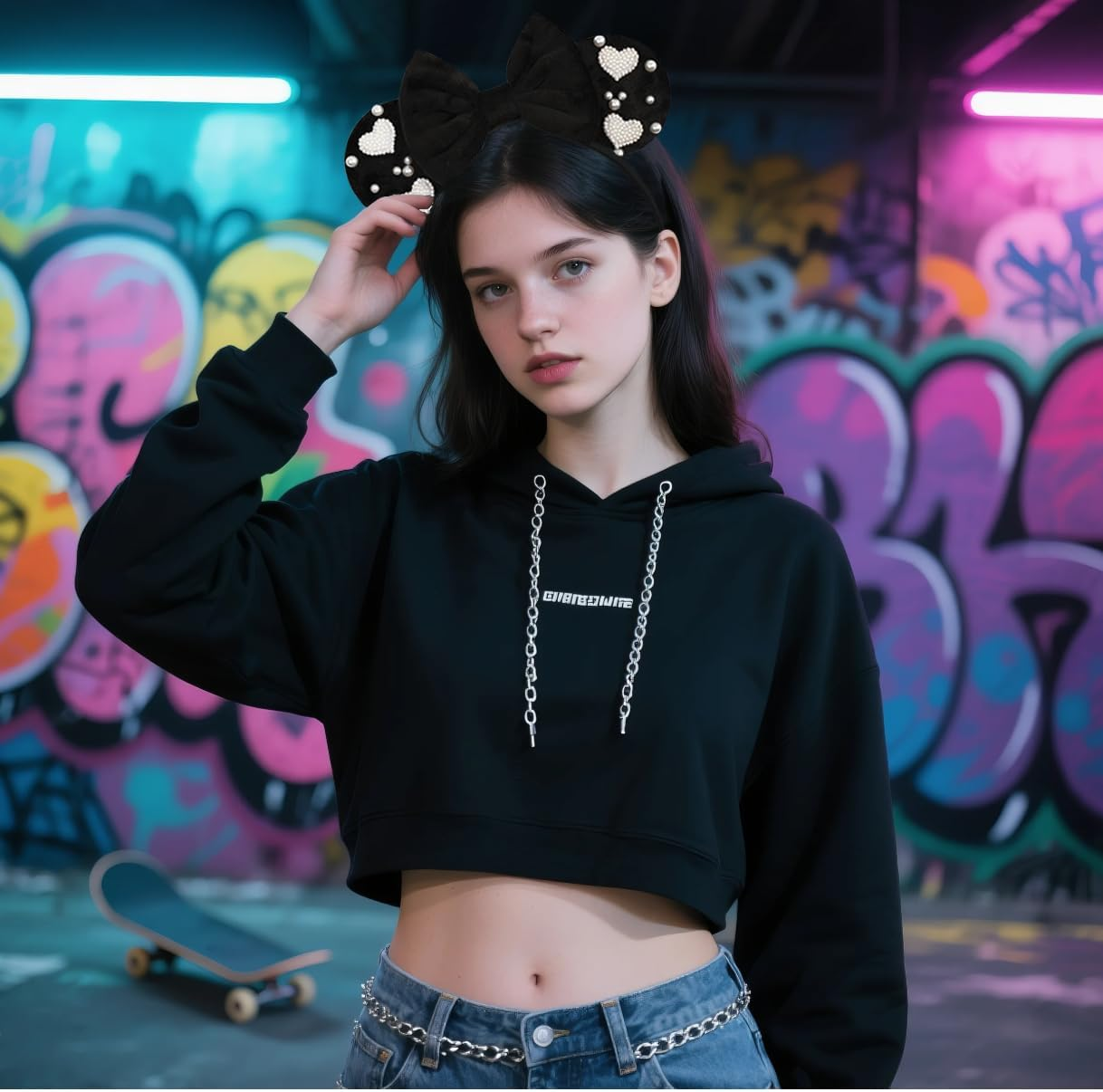 Bianbaistar Black Velvet Bow Mouse Ears Headband with Pearl Heart Accents - Elegant Hair Accessory for Parties, Dates & Special Occasions image number 1